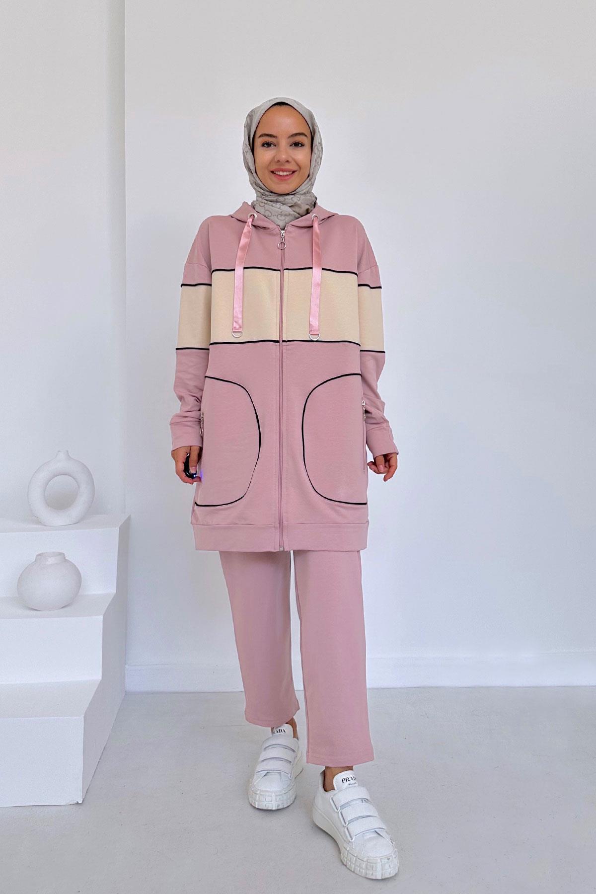 Kapüşonlu Line Takım - Pembe/Bej