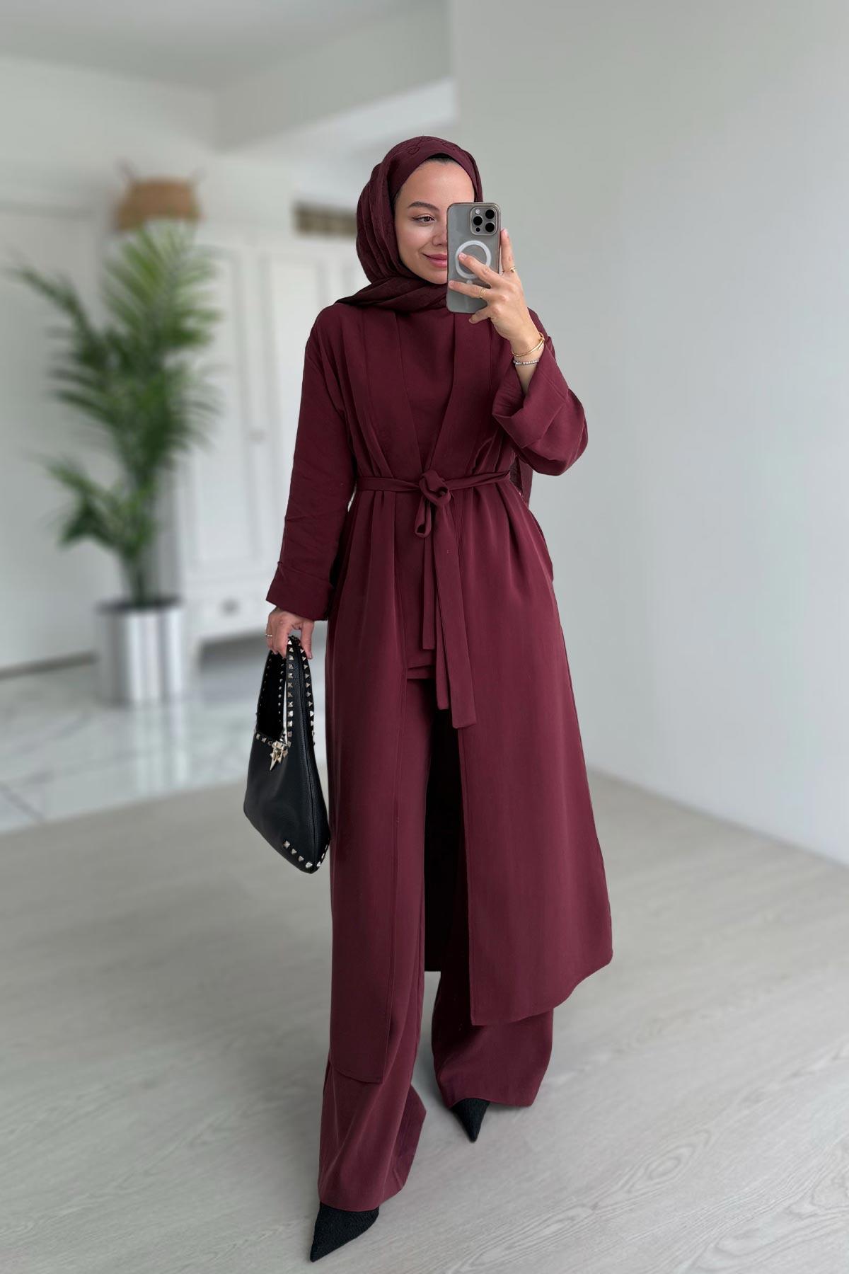 Kimonolu Şık Üçlü Takım - Bordo