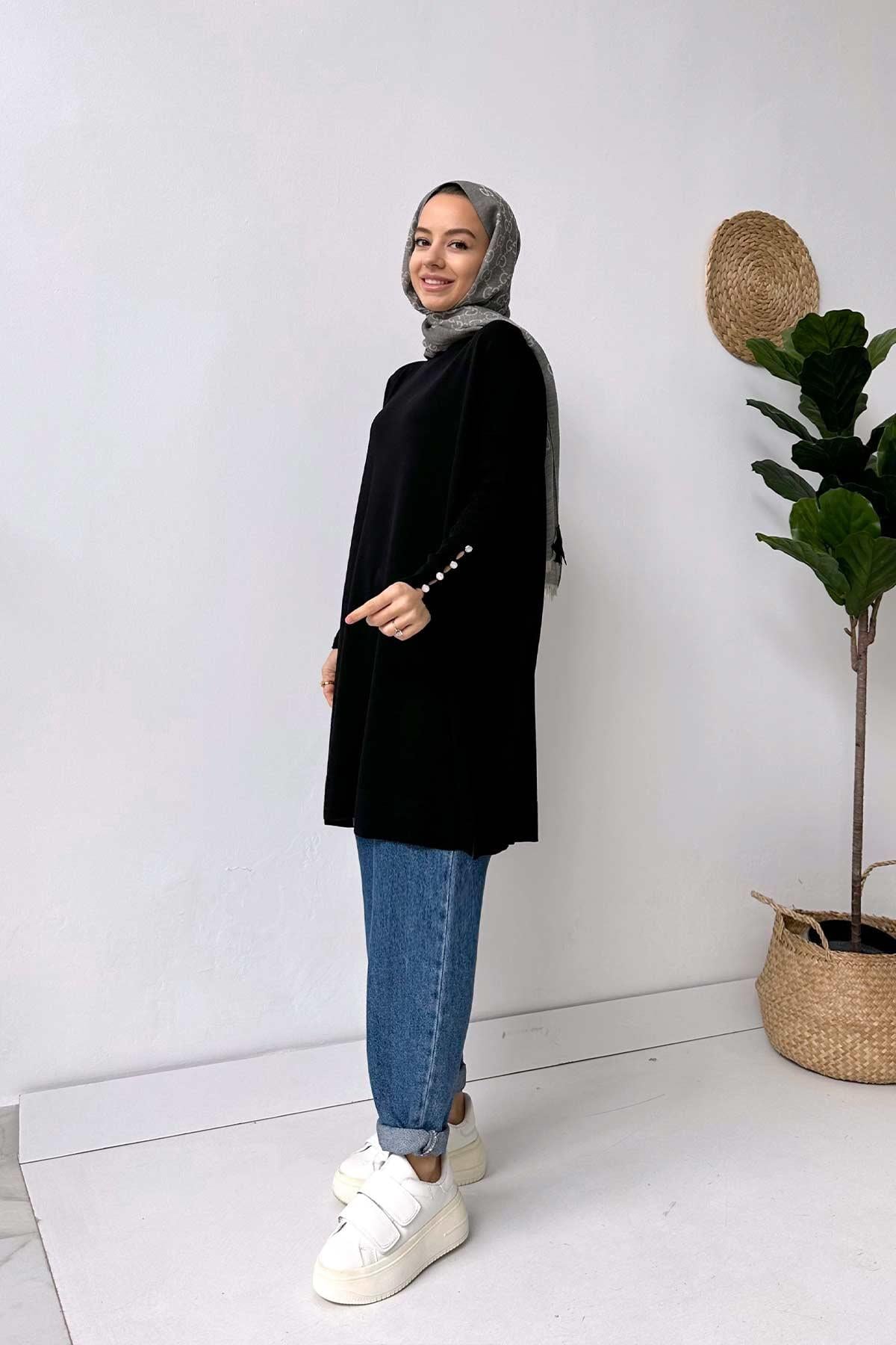 Kol Detay Merserize Tunik - Siyah