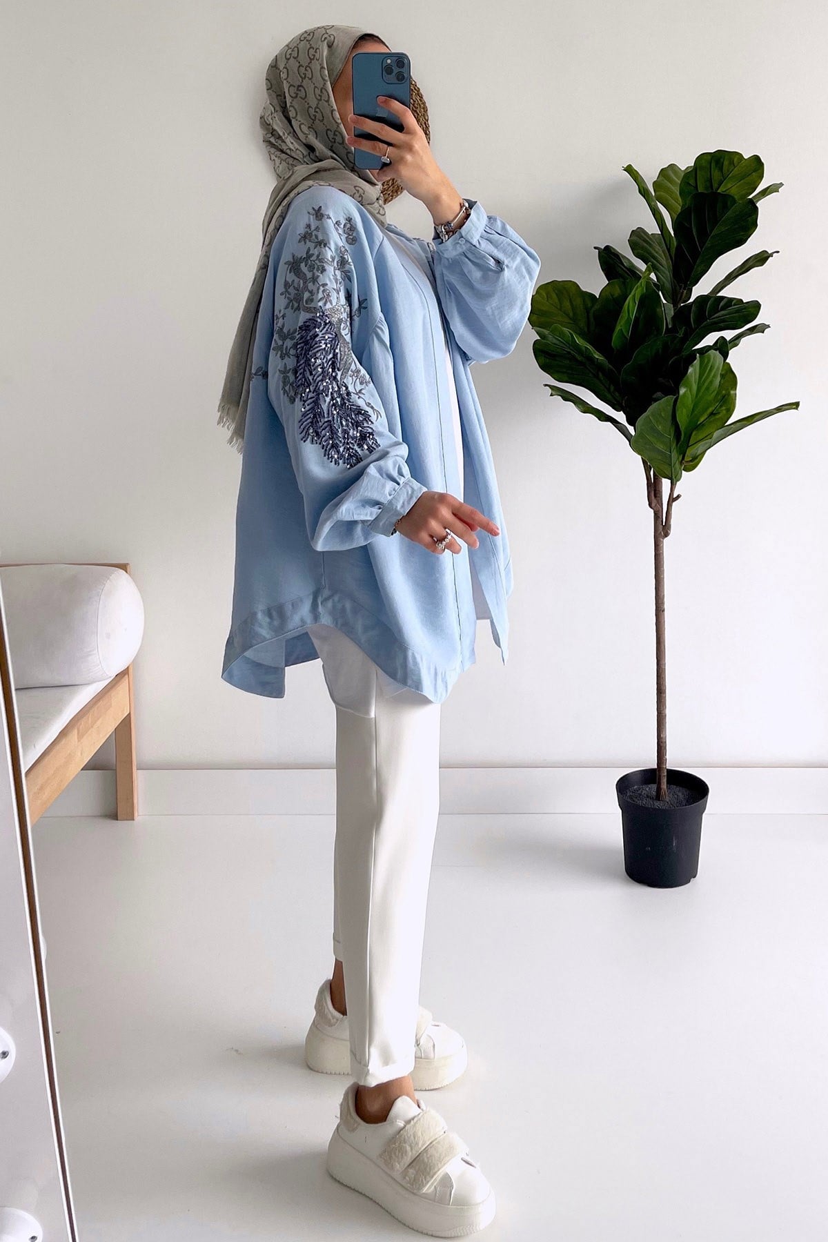 Nakışlı Peacock Kimono - Mavi