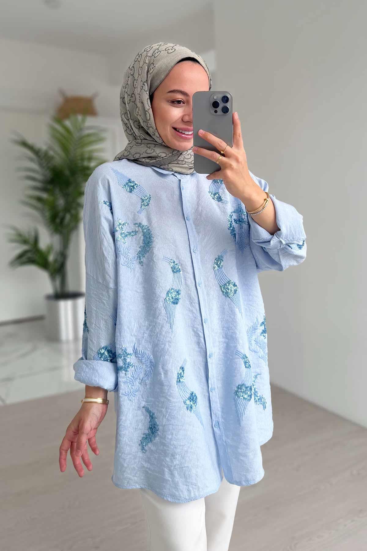 Nova Pul Nakış Detaylı Gömlek - Mavi