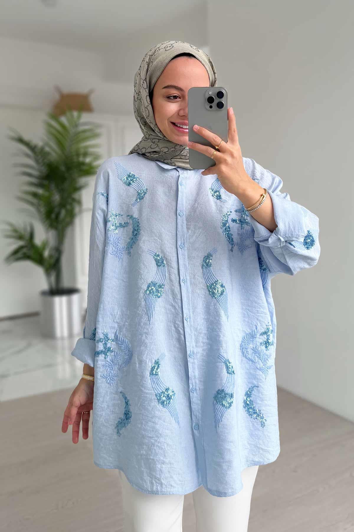 Nova Pul Nakış Detaylı Gömlek - Mavi