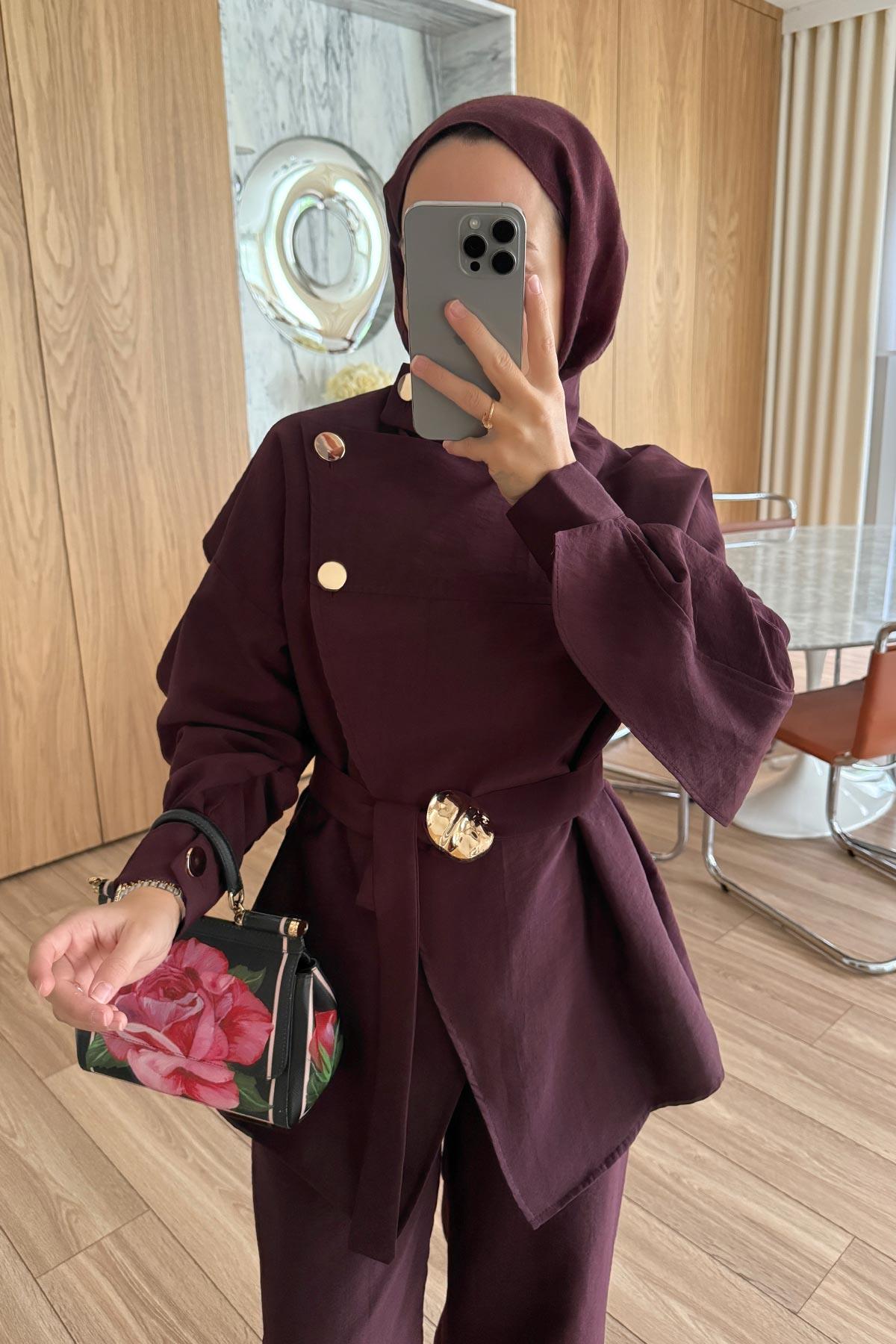 Omuz Düğmeli Trenç Takım - Bordo