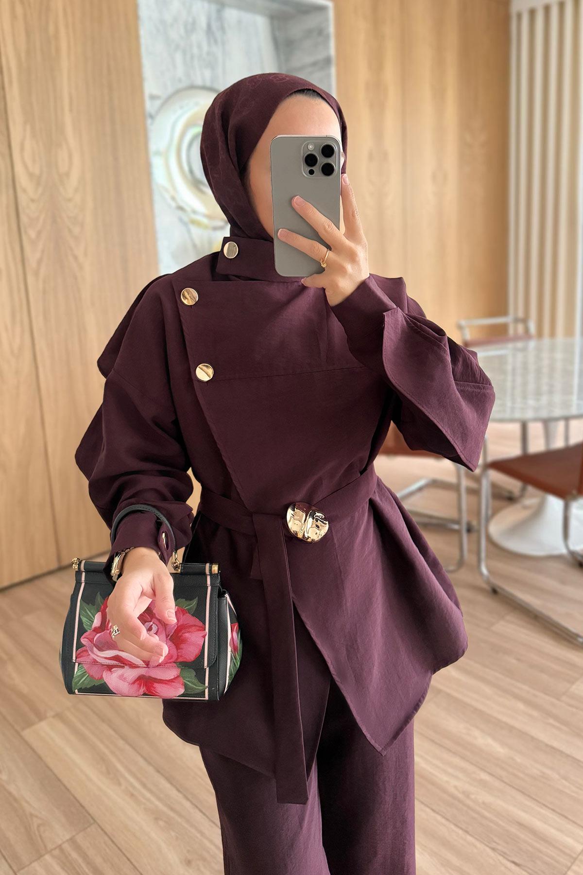 Omuz Düğmeli Trenç Takım - Bordo