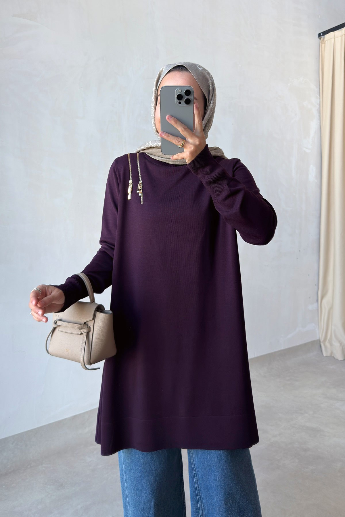 Omuz Fermuarlı Merserize Tunik - Mürdüm