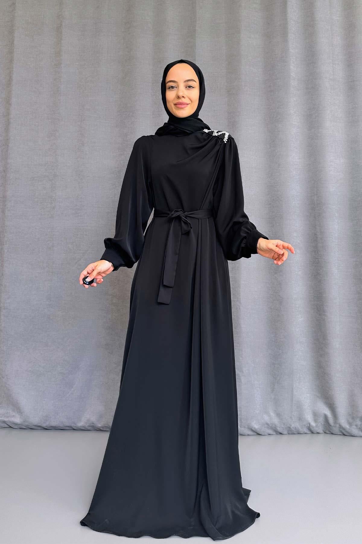 Omzu Taşlı Abiye - Siyah