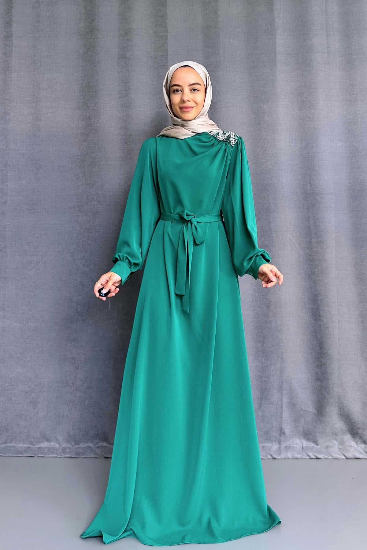 Omzu Taşlı Abiye - Yeşil