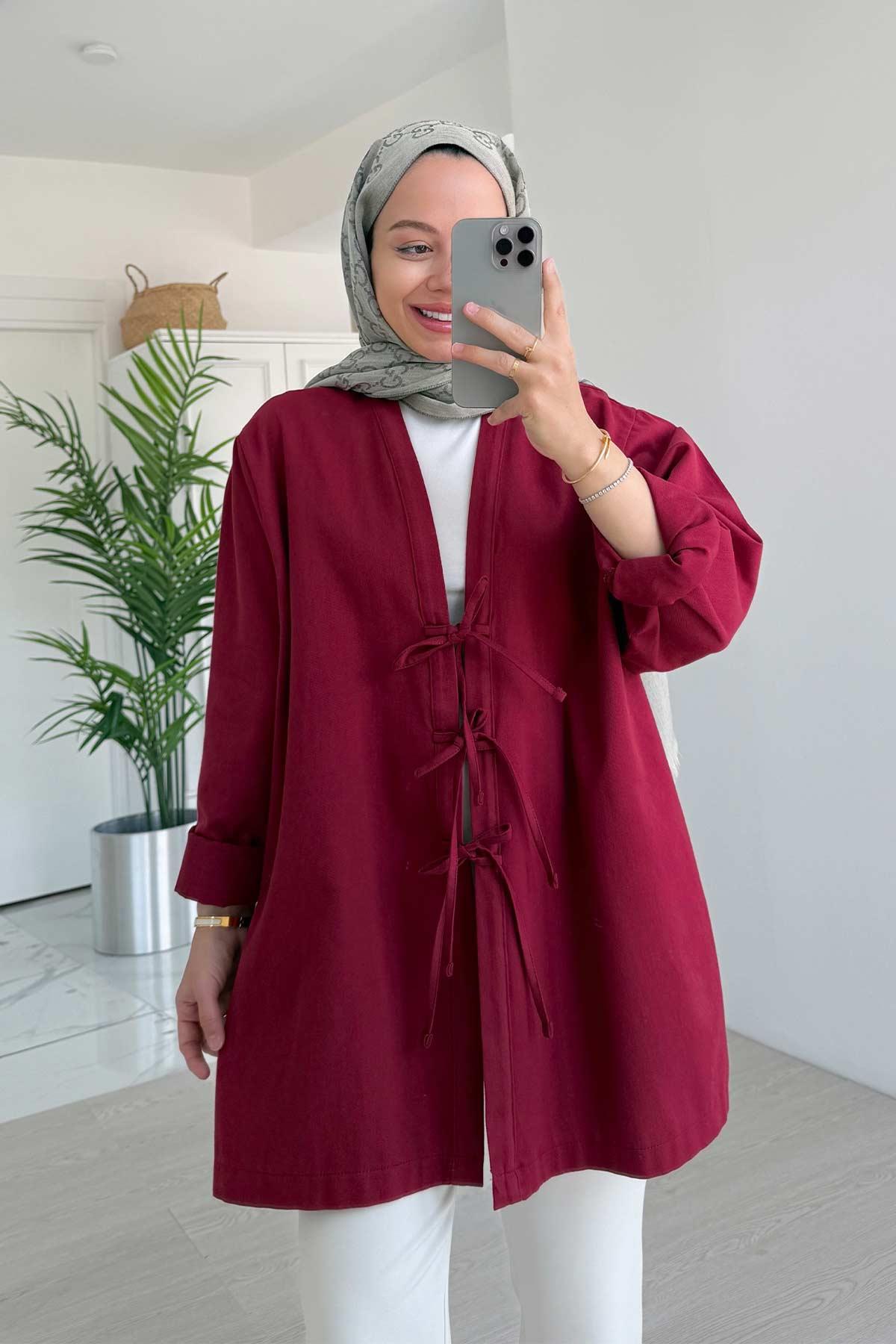 Önden Bağlamalı Gabardin Ceket - Bordo