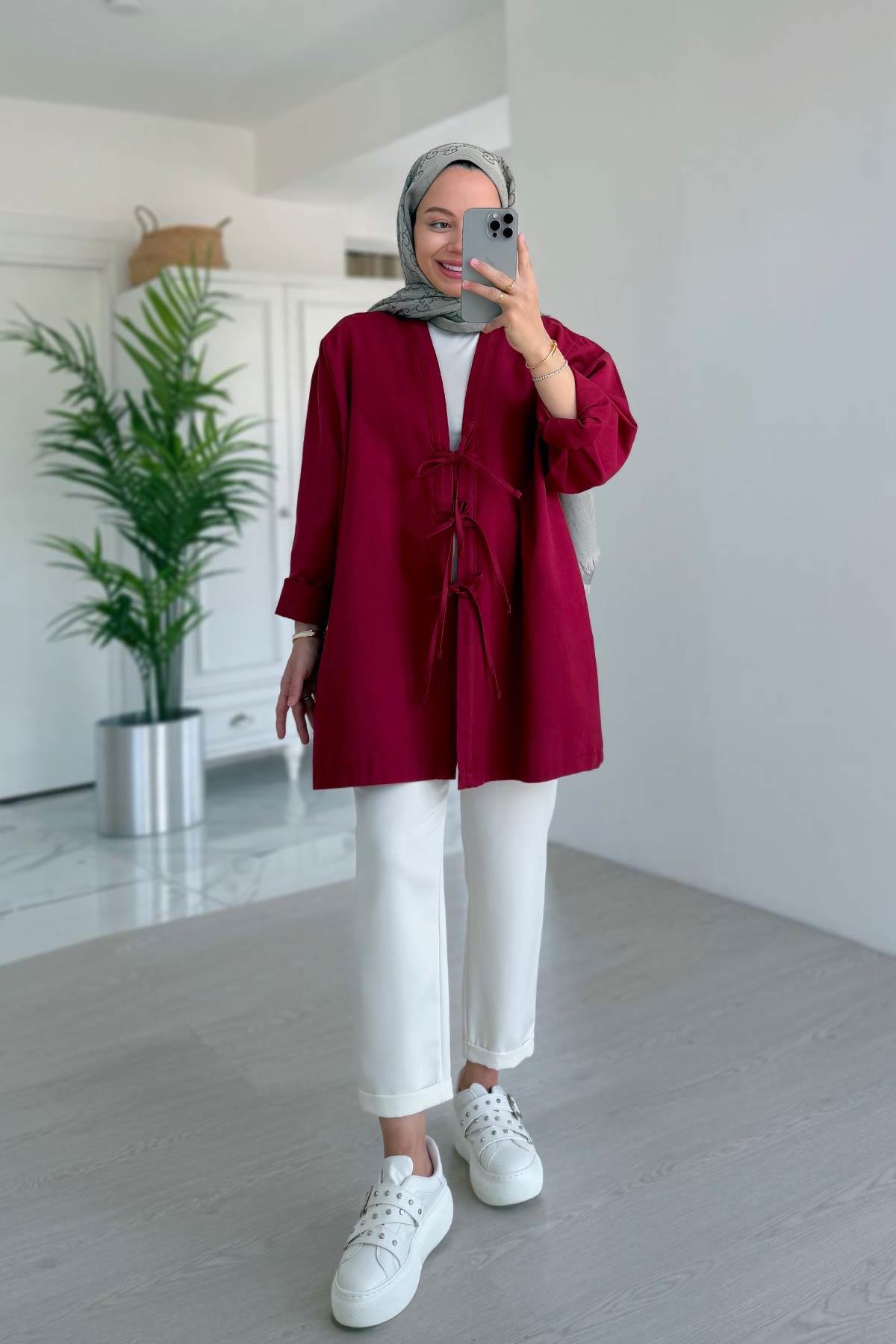 Önden Bağlamalı Gabardin Ceket - Bordo
