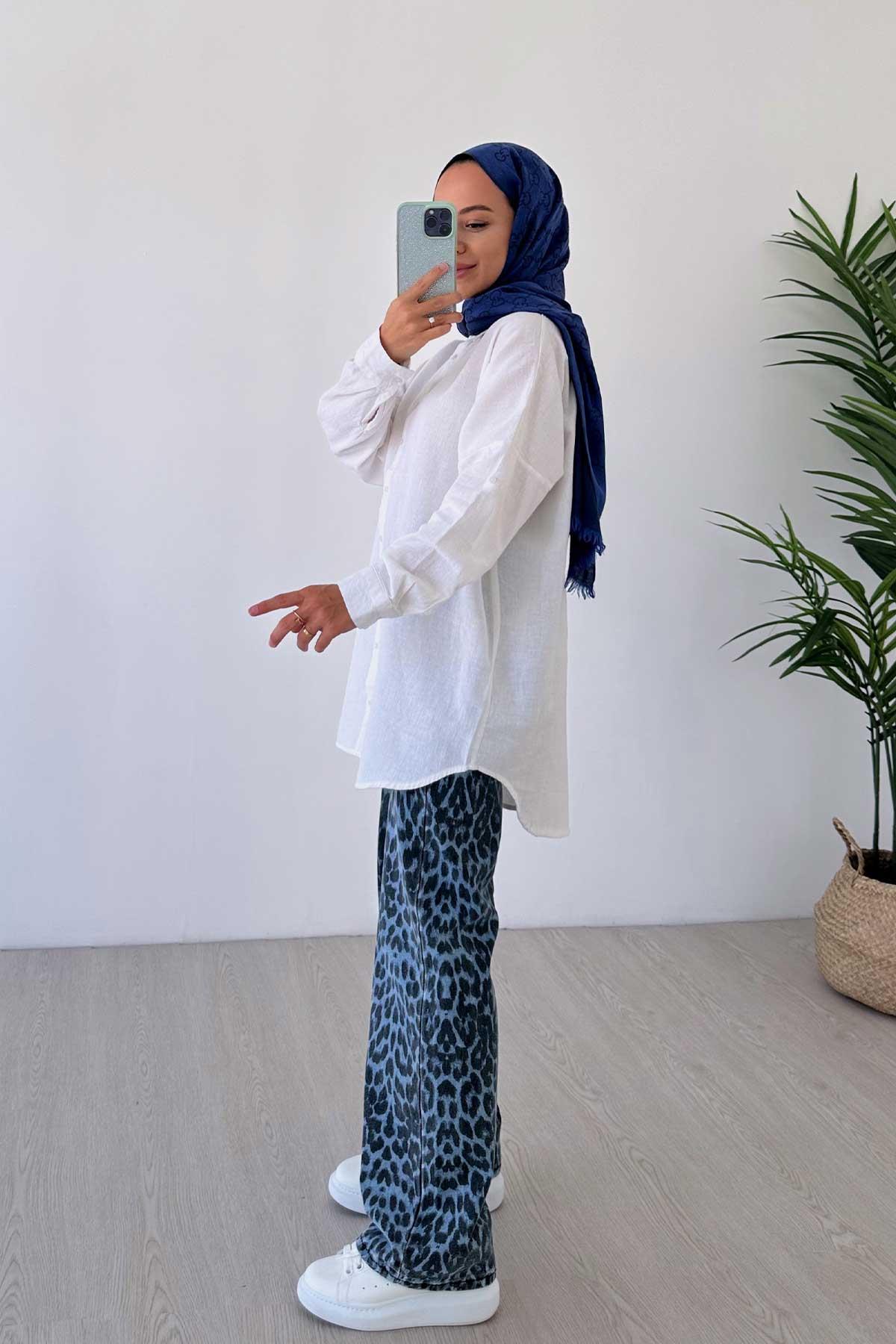 Oversize Keten Gömlek - Beyaz