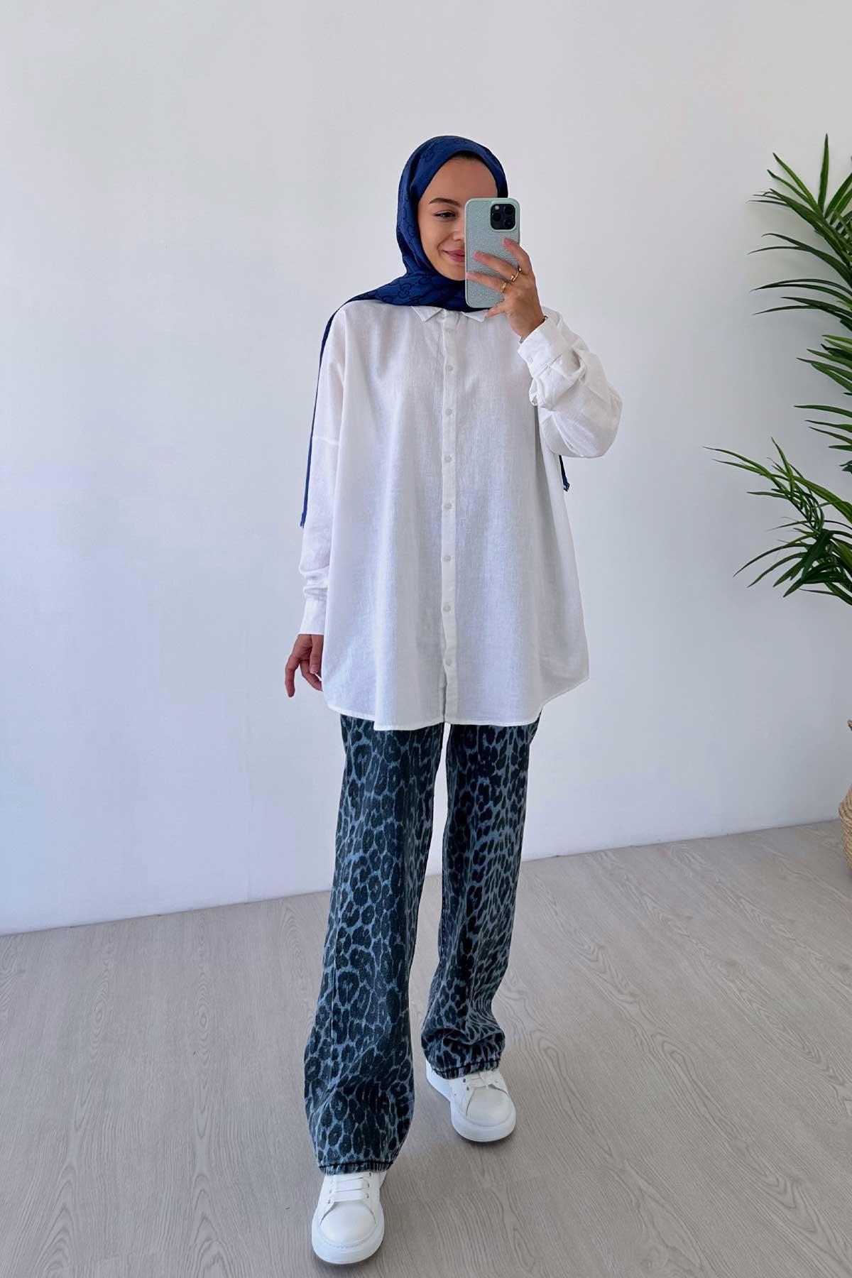 Oversize Keten Gömlek - Beyaz