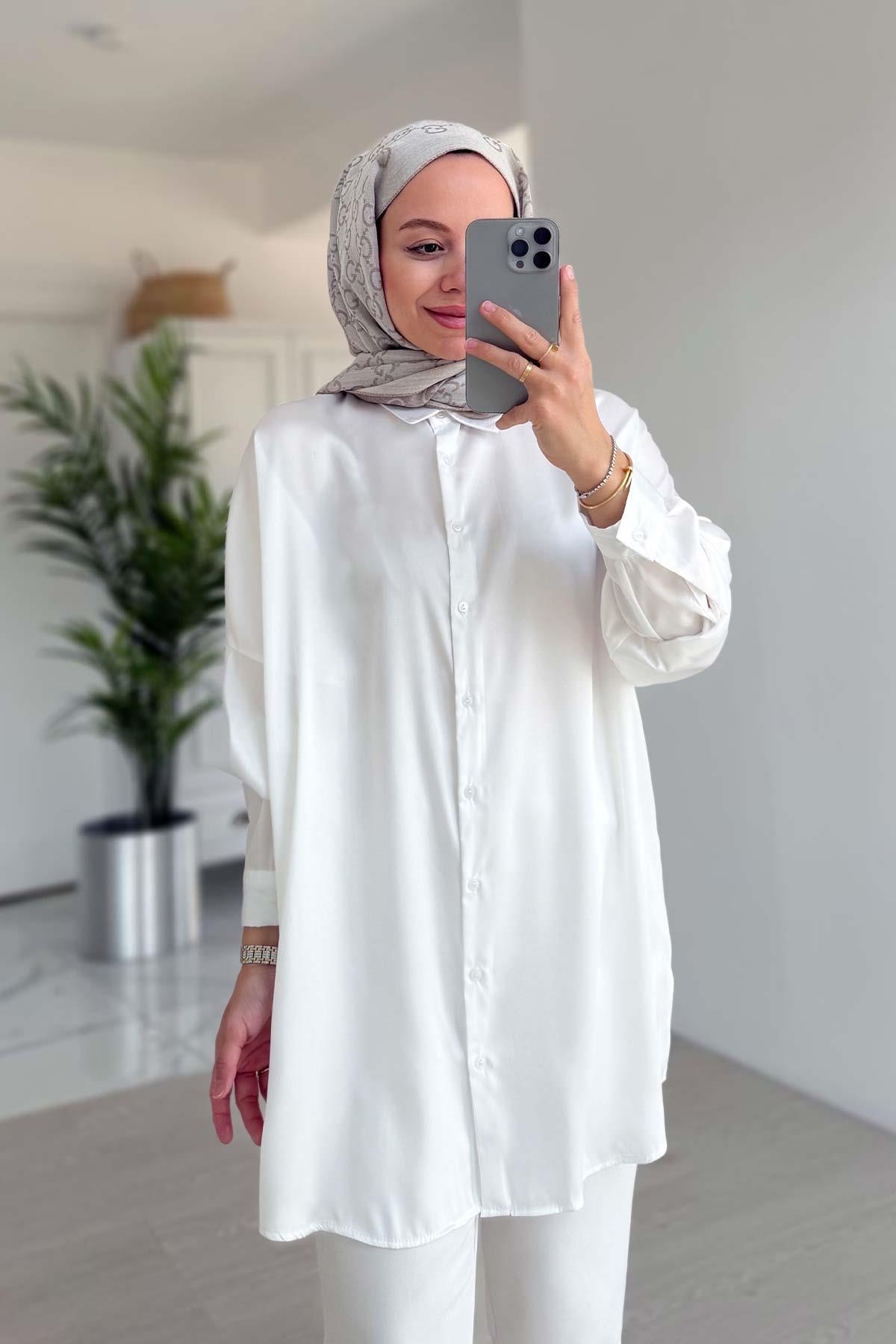 Oversize Saten Gömlek - Beyaz
