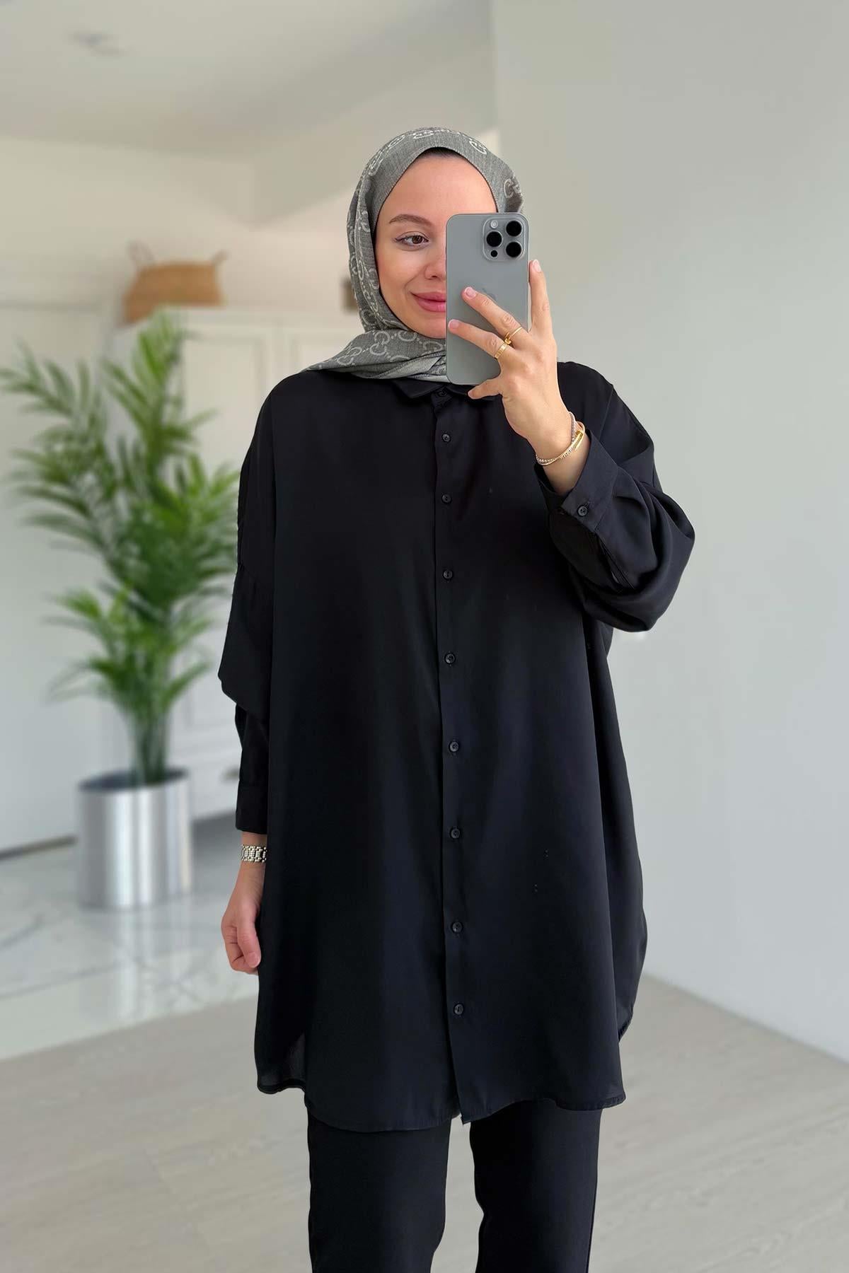 Oversize Saten Gömlek - Siyah