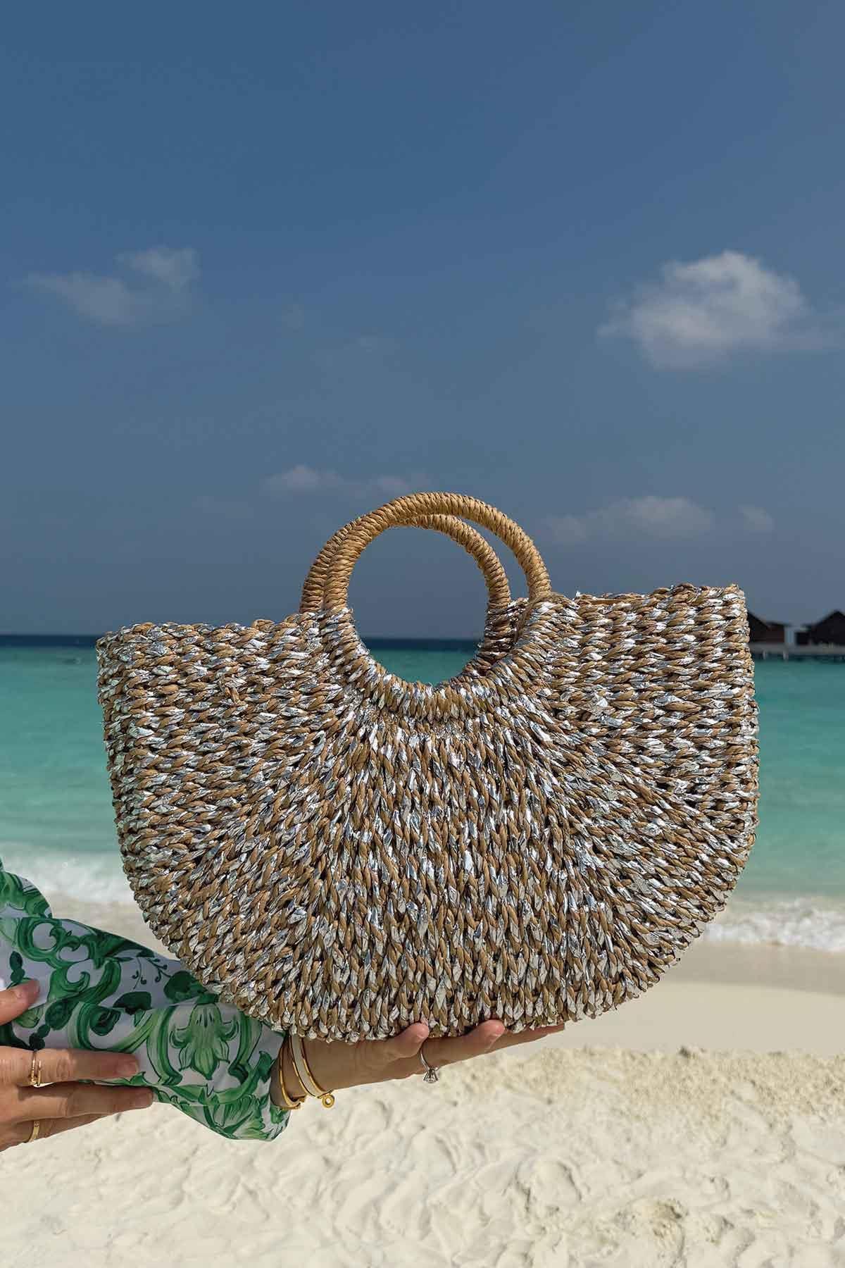 Parıltı Yuvarlak Örgü Hasır Plaj Çantası 43x26 - Camel