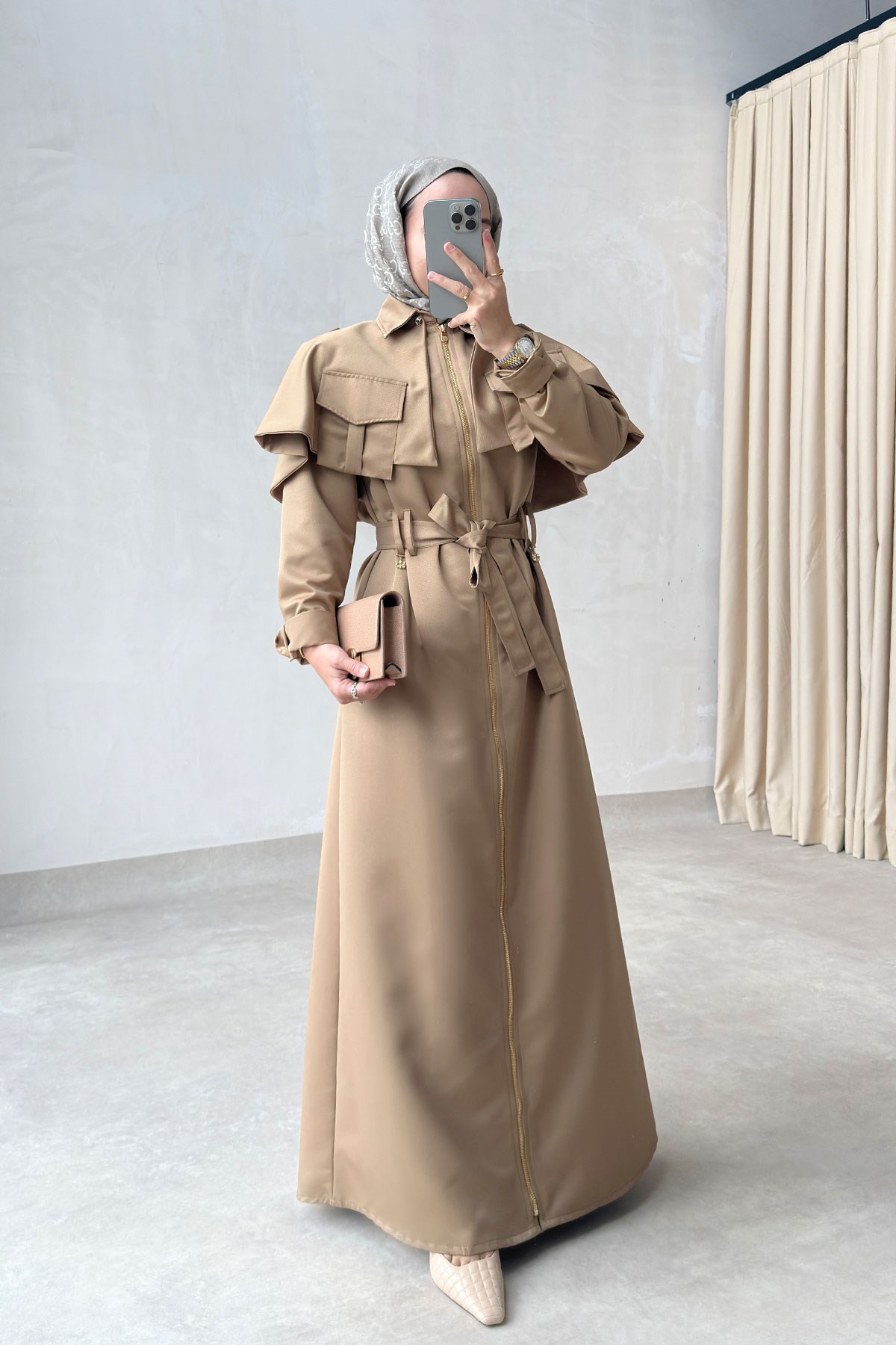 Pelerin Detay Trenç Elbise - Camel