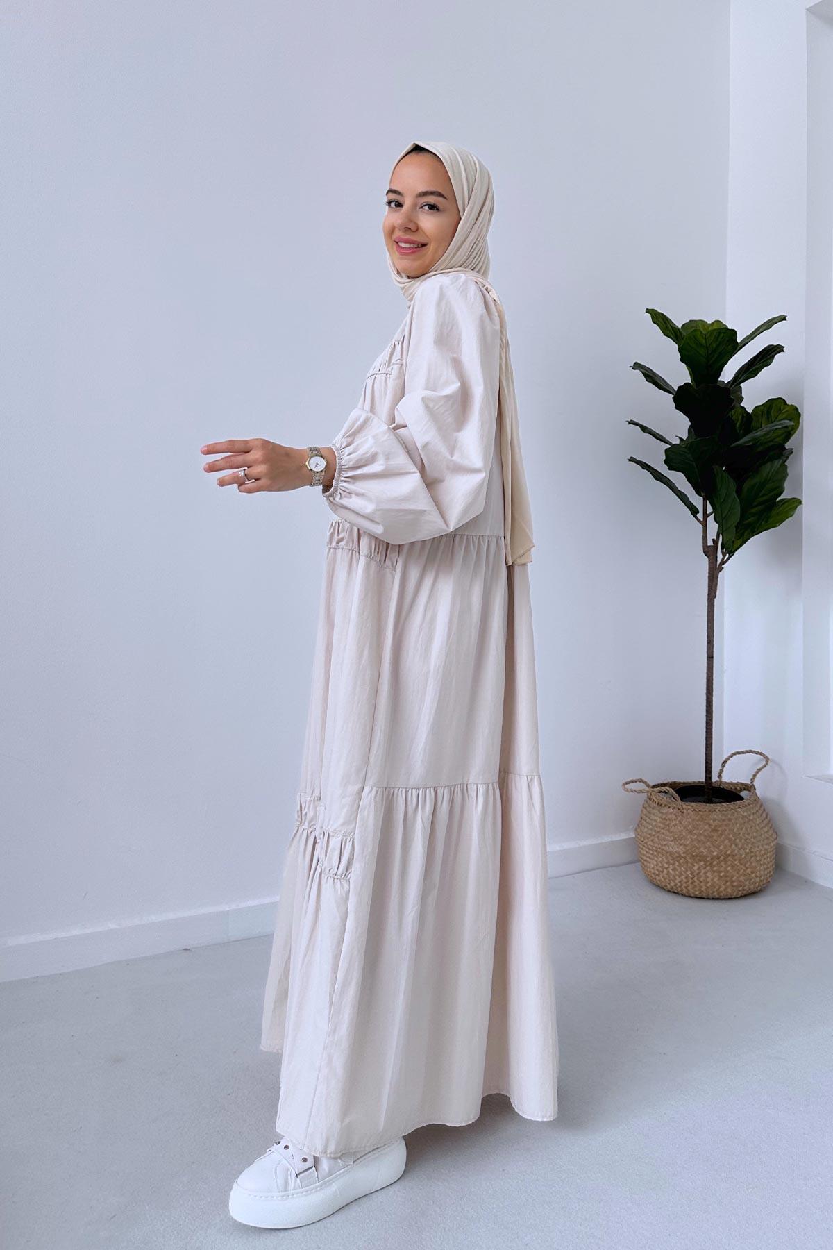Poplin Rahat Elbise - Bej