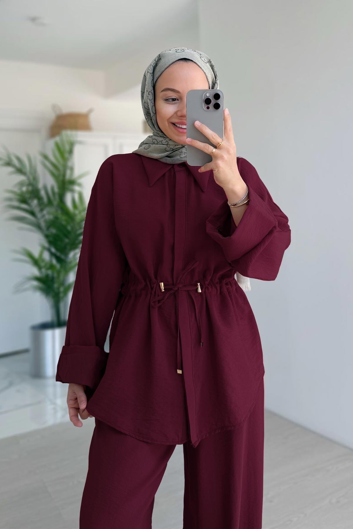 Rahat Kesim Büzgü Detaylı Takım - Bordo