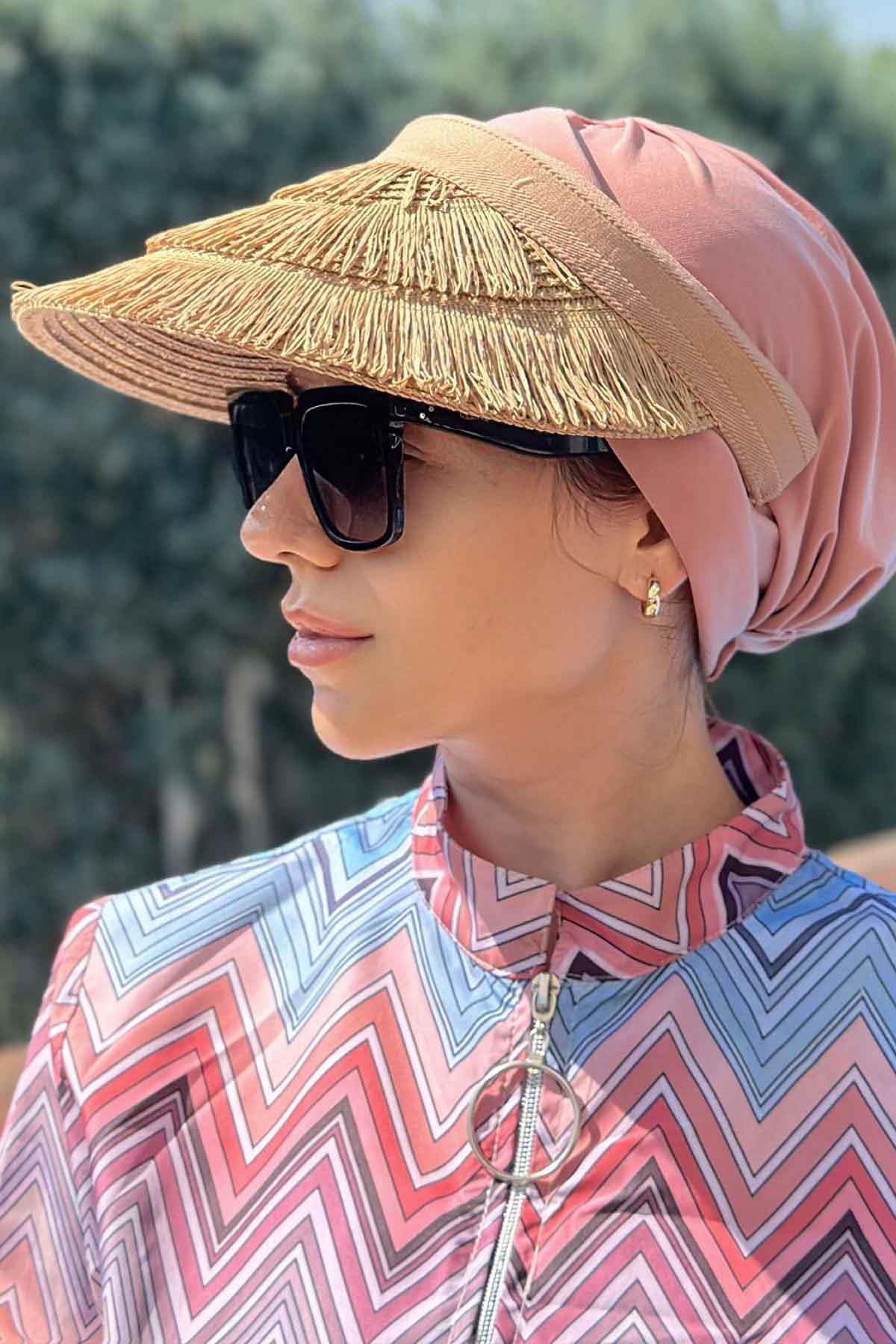 Saçaklı Hasır Vizor Şapka - Camel