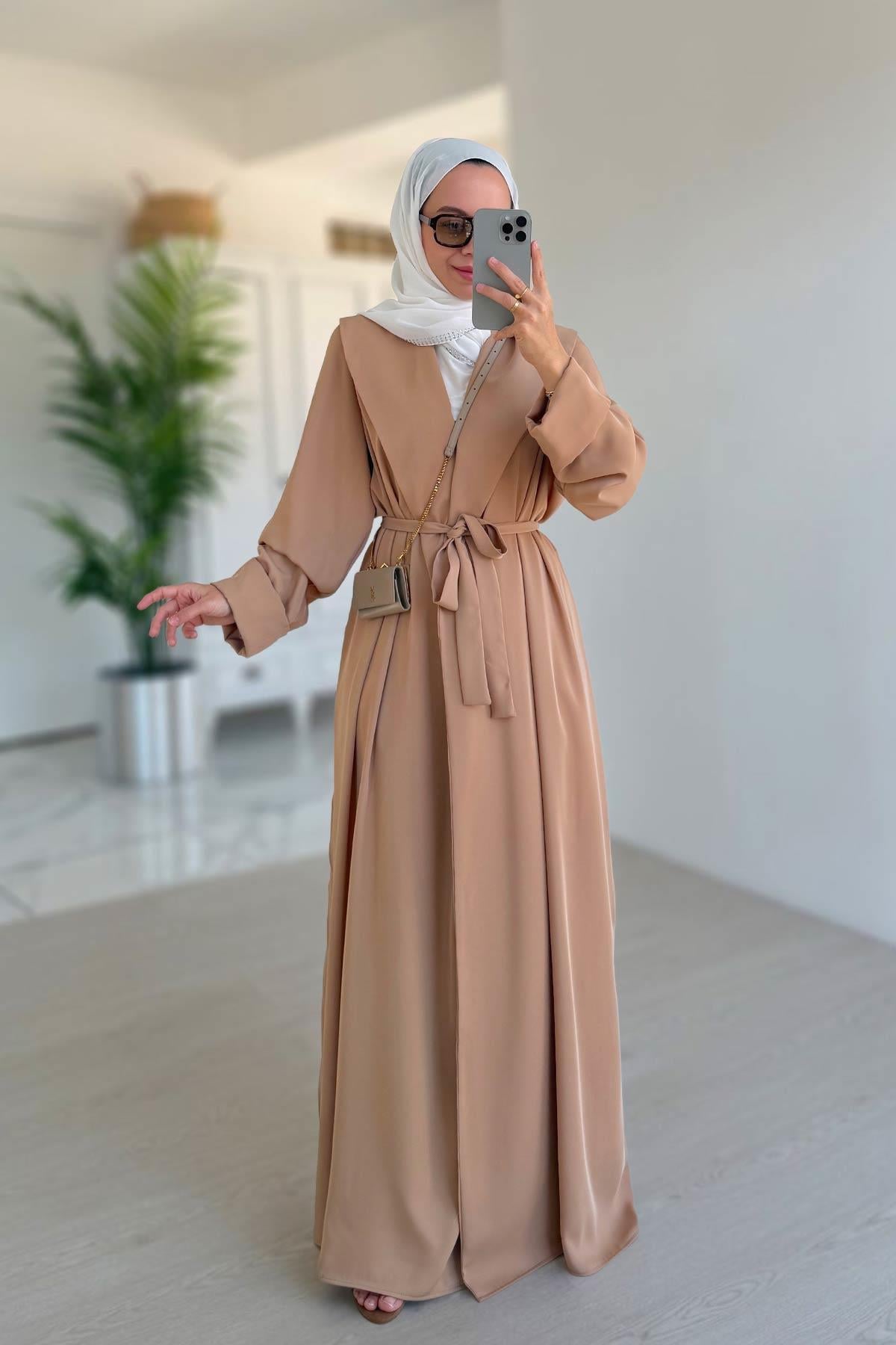 Sırt Detay Dökümlü Abaya - Bej