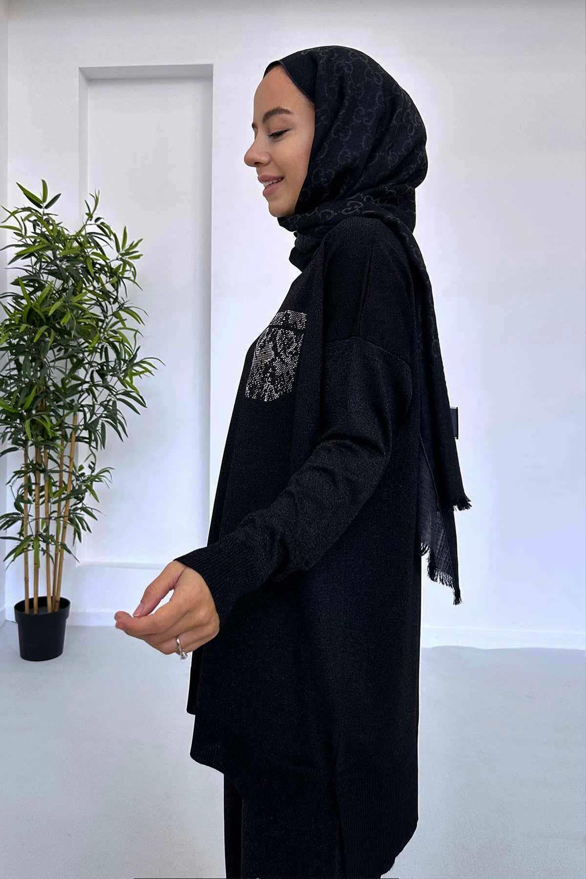 Taşlı Cep Merserize Tunik - Siyah