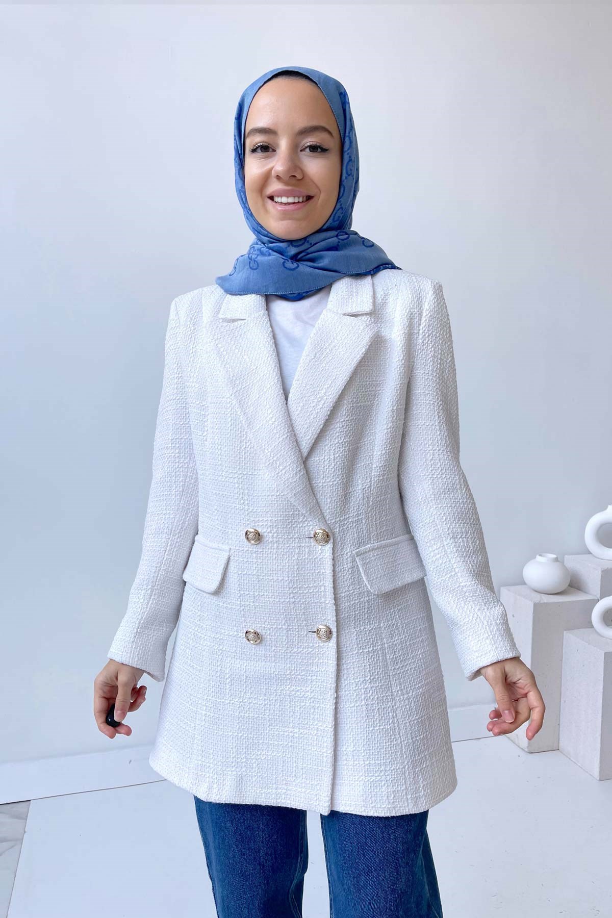 Tüvit Blazer Ceket - Beyaz