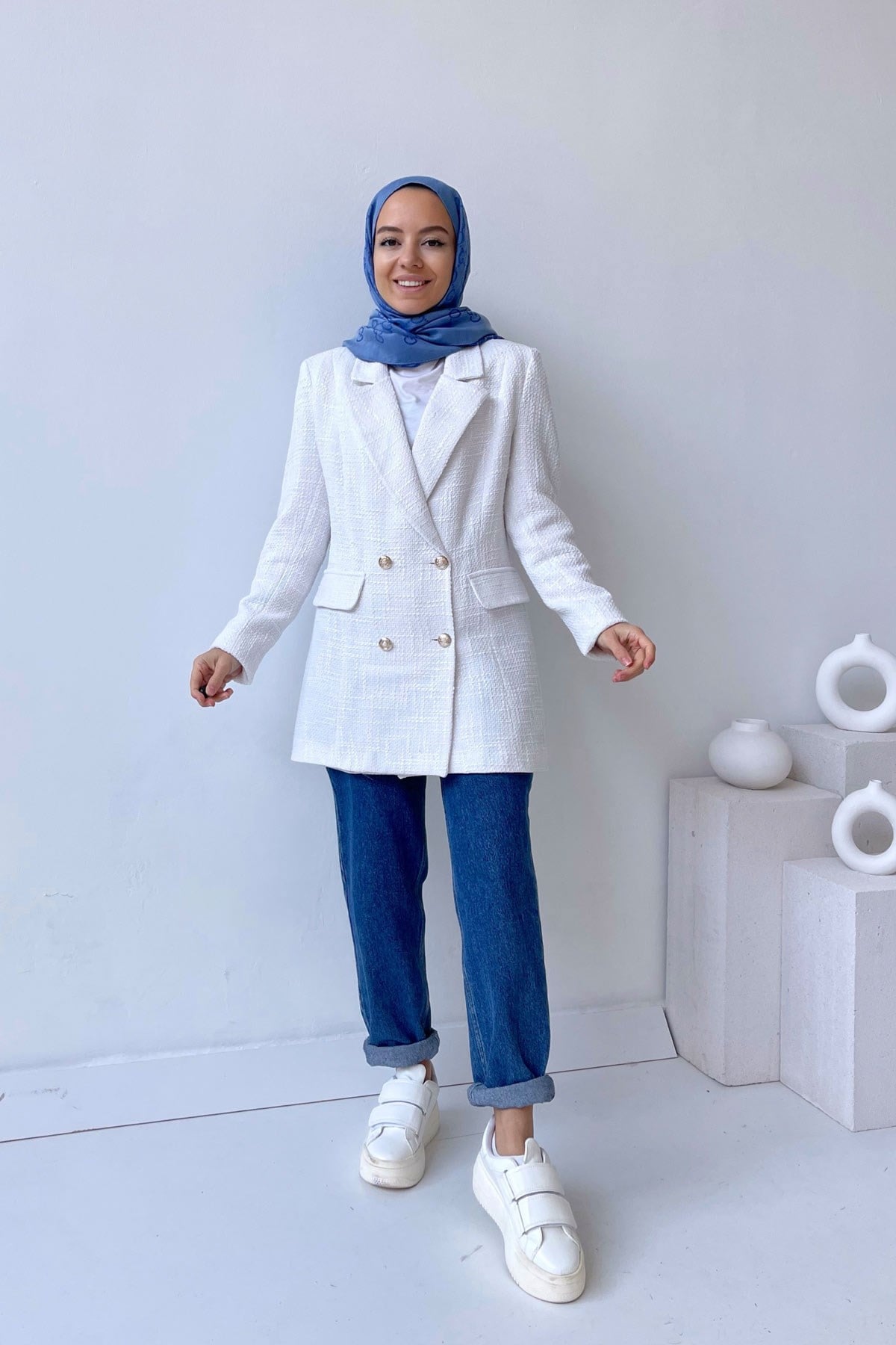 Tüvit Blazer Ceket - Beyaz