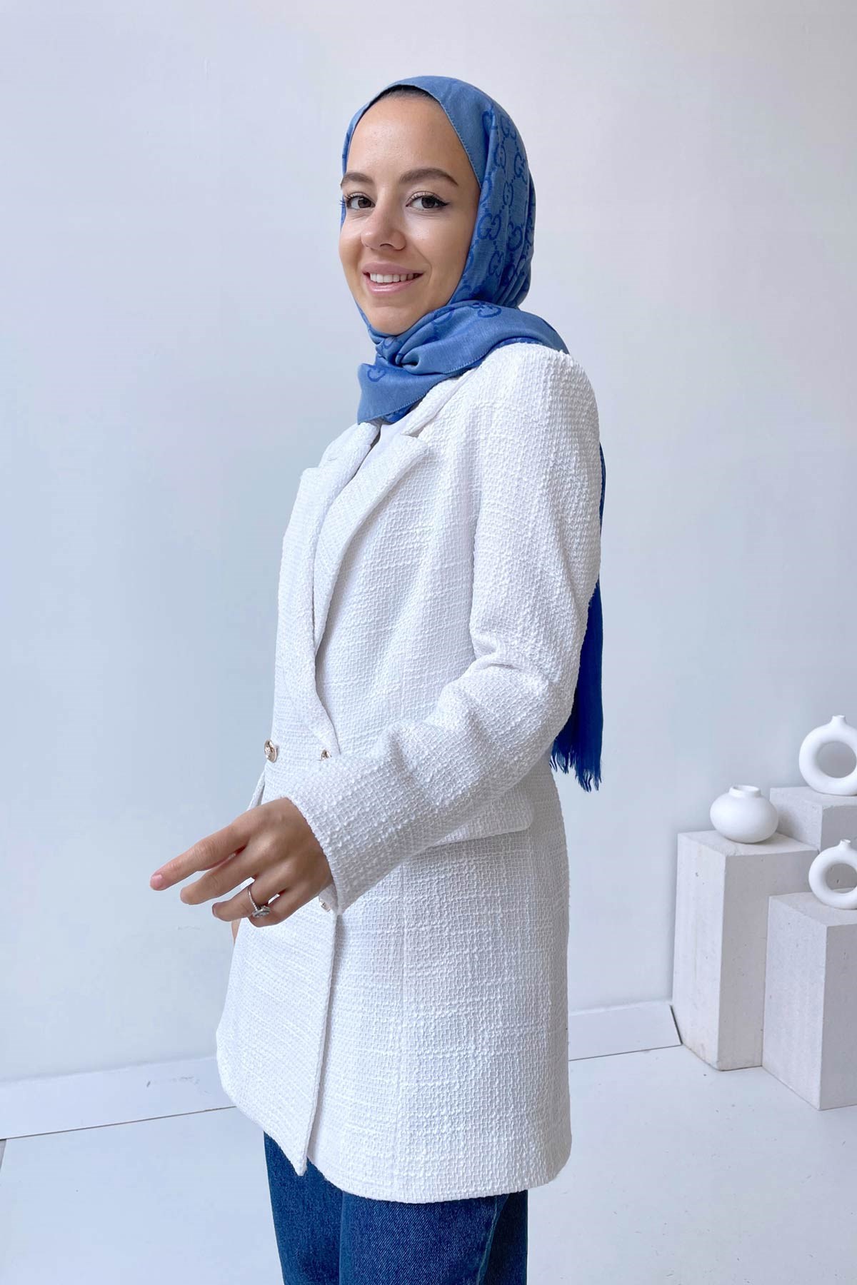 Tüvit Blazer Ceket - Beyaz