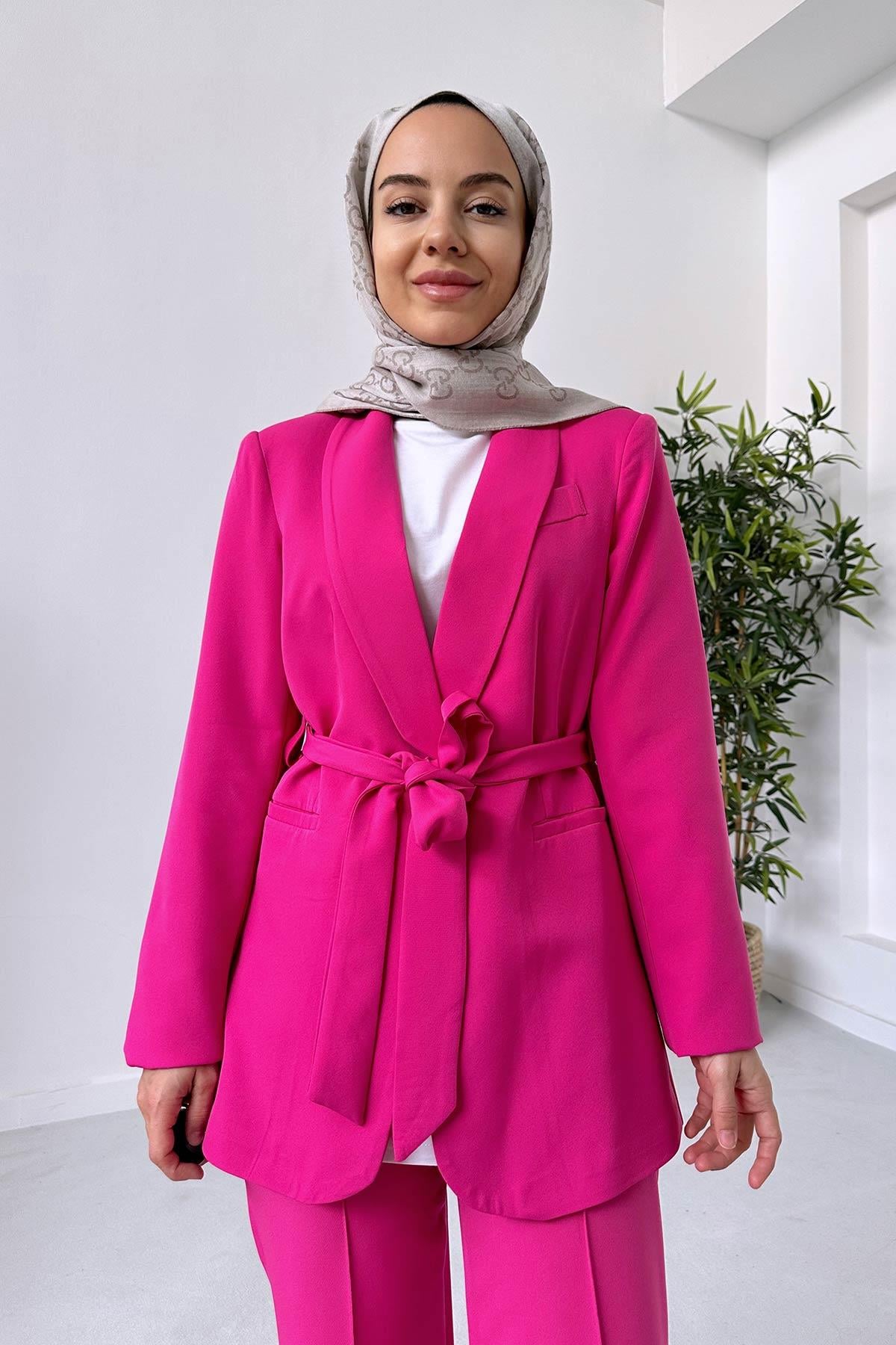 Vatkalı Blazer Ceket Pantolon Takım - Fuşya