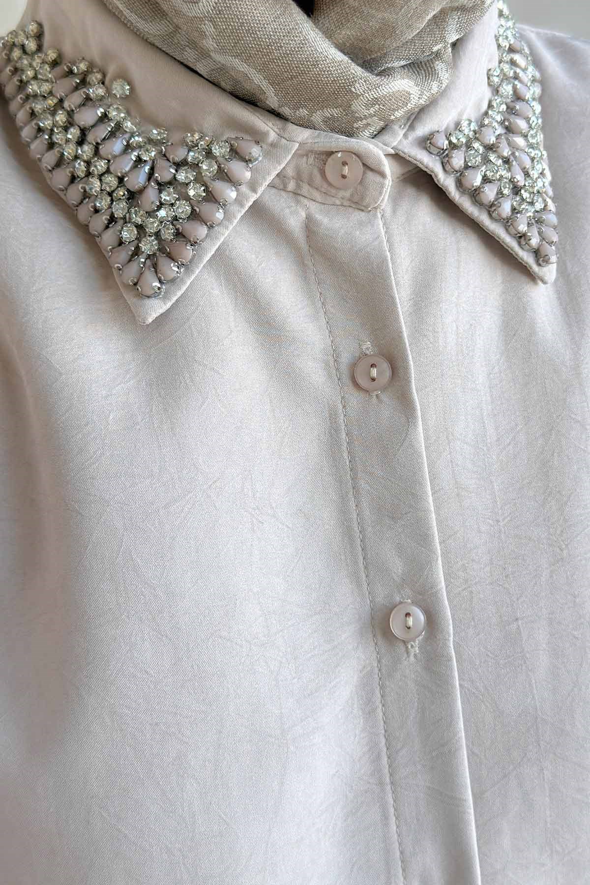 Yaka Taş İşlemeli Oversize Gömlek - Taş