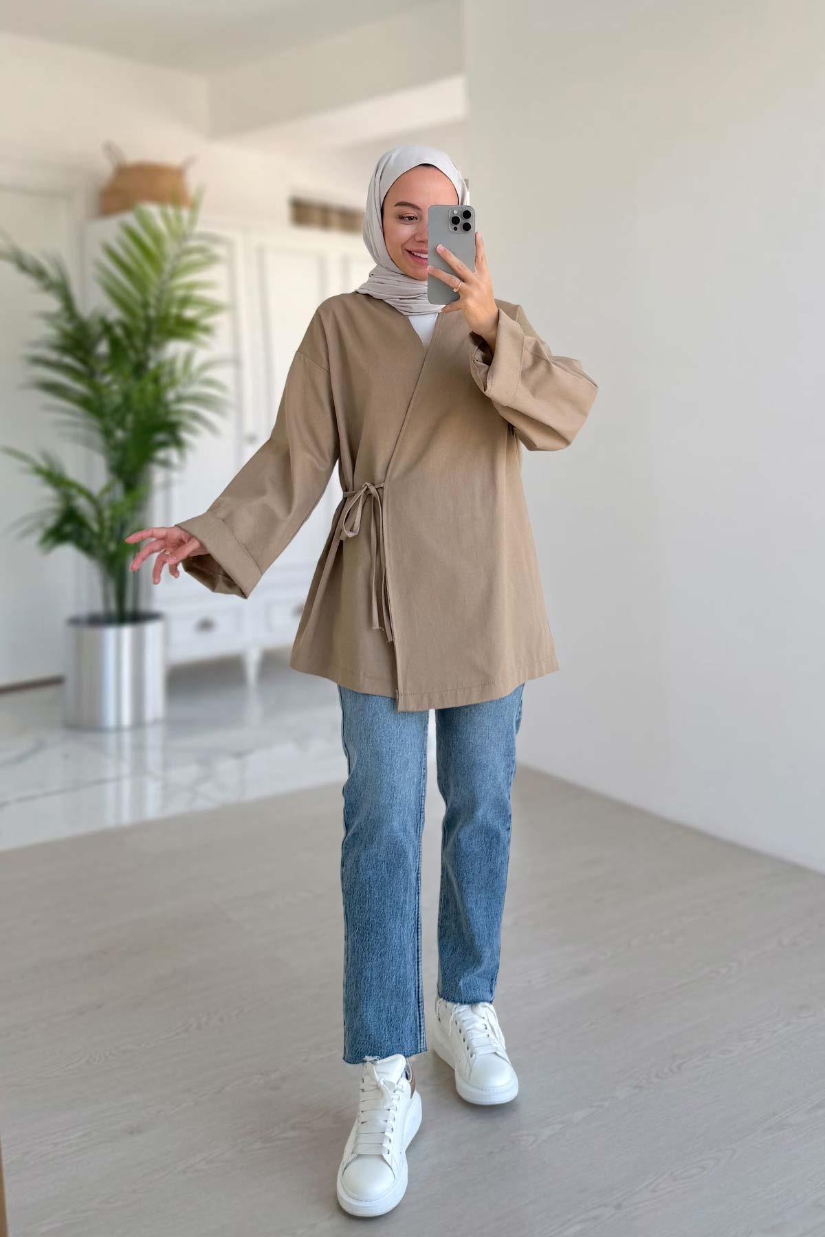 Yandan Bağlamalı Gabardin Kimono - Vizon