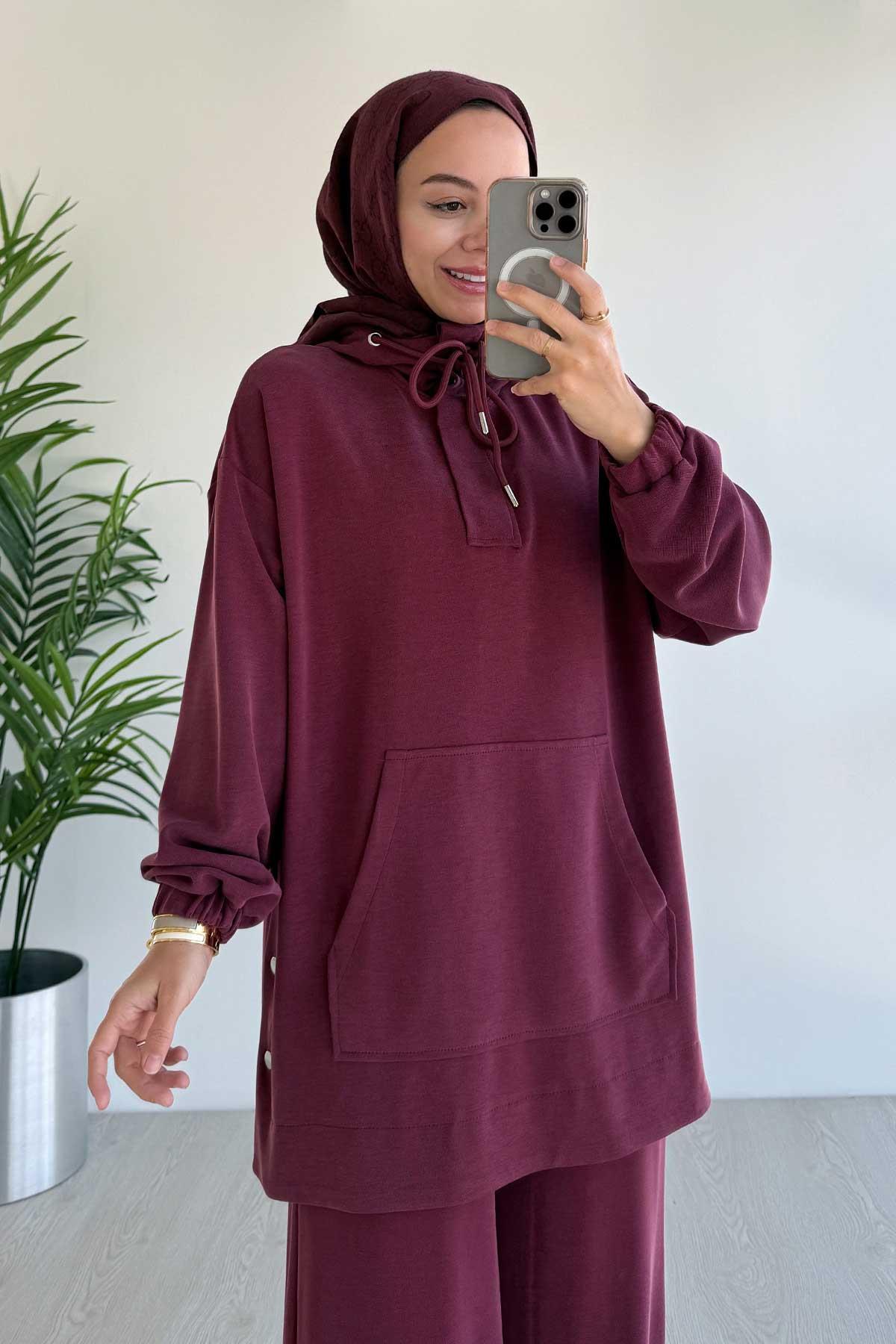 Yanı Çıtçıtlı Kanguru Cep Oysh Kumaş İkili Takım - Bordo