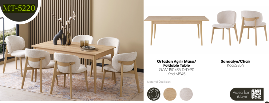 EVİSSA MT-5220 90*150 ORTADAN AÇILAN MASA TAKIMIMutfak Masa Takımı