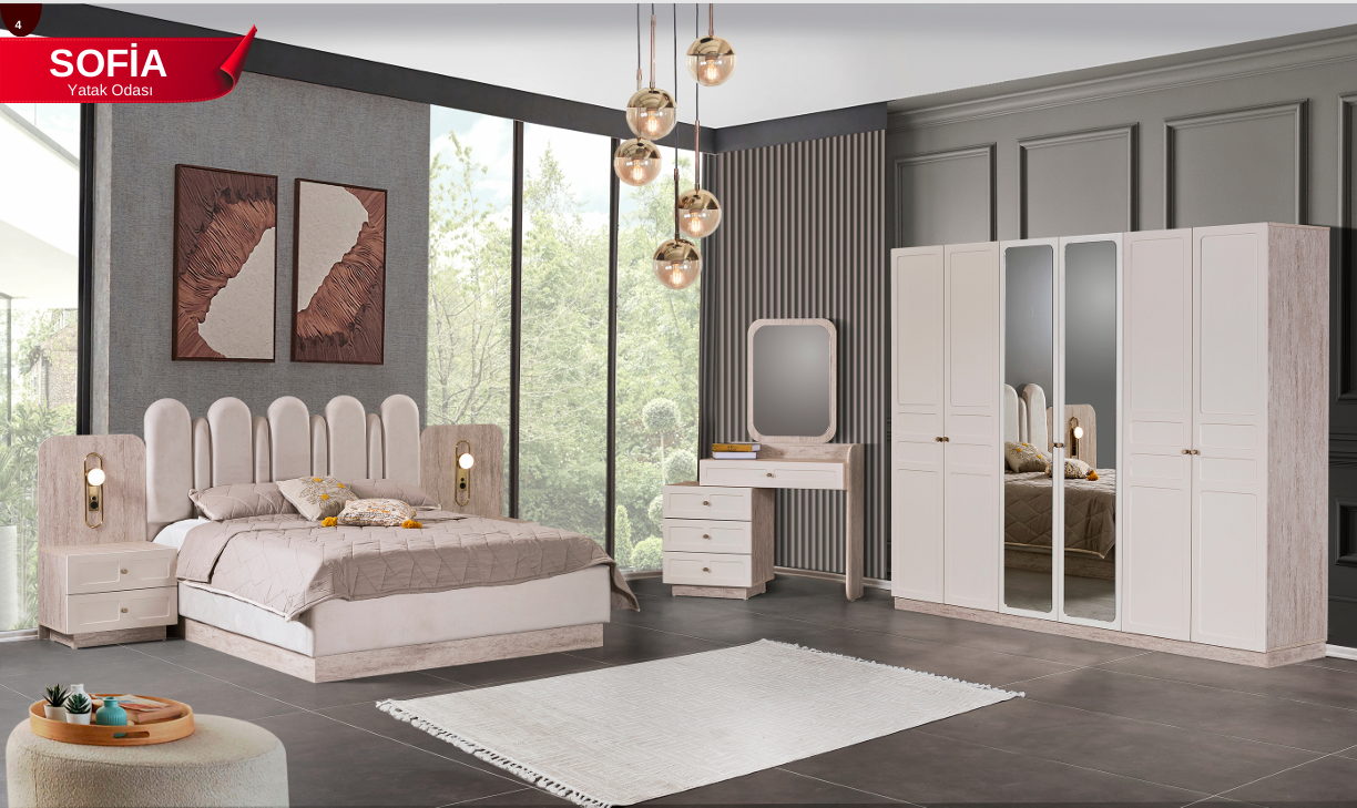 KZN SOFİA YATAK ODASI TAKIMI-BAŞLIKLI(APLİKLİ+Ş.AYNASI DAHİL)Yatak Odası Takımı