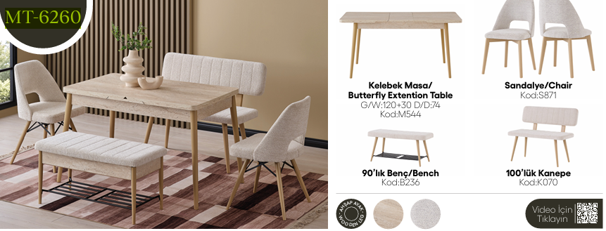 EVİSSA MT-6260 74*120 KELEBEK MASA TAKIMIMutfak Masa Takımı