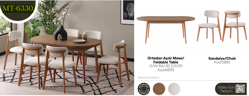 EVİSSA MT-6330 90*156 KAŞIKLIKLI KELEBEK MASA TAKIMI(MODERN AYAK)Modern Yemek Odası Takımı