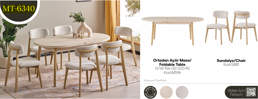 EVİSSA MT-6340 90*156 KAŞIKLIKLI KELEBEK MASA TAKIMI(MODERN AYAK)Modern Yemek Odası Takımı