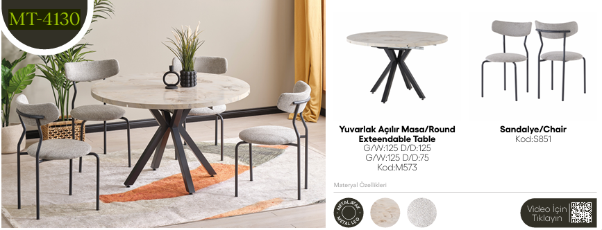 EVİSSA MT-4130 ÇAP 125 MEKANİZMALI YUVARLAK AÇILAN MASA TAKIMIMutfak Masa Takımı