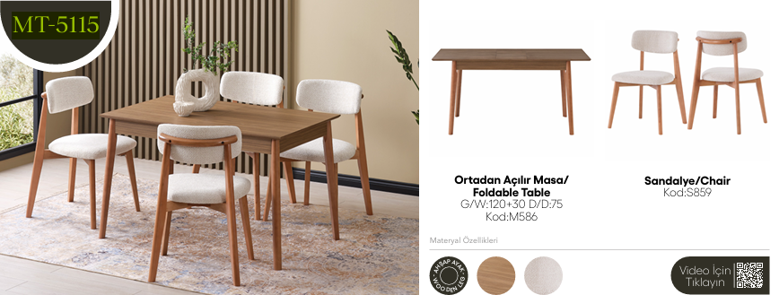 EVİSSA MT-5115 75*120 ORTADAN AÇILAN MASA TAKIMI(MODERN AYAK)Mutfak Masa Takımı