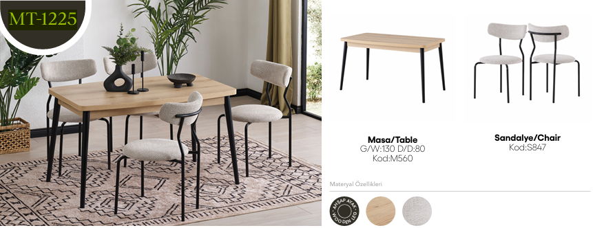 EVİSSA MT-1225 80*130 SABİT ELİPS MASA TAKIMIMutfak Masa Takımı