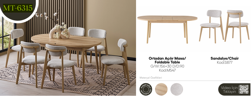 EVİSSA MT-6315 90*156 KAŞIKLIKLI KELEBEK MASA TAKIMI(MODERN AYAK)Modern Yemek Odası Takımı