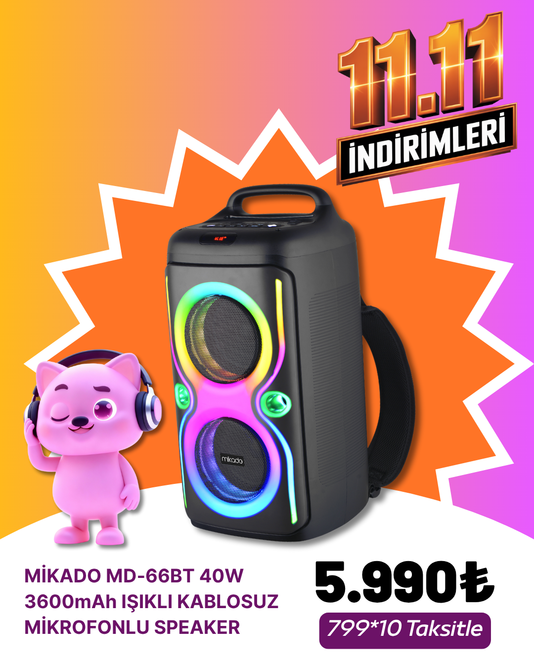 MİKADO MD-66BT TUHUNDER BAG 40W 3600mAh IŞIKLI KABLOSUZ MİKROFONLU SPEAKEREKİM KAMPANYASI
