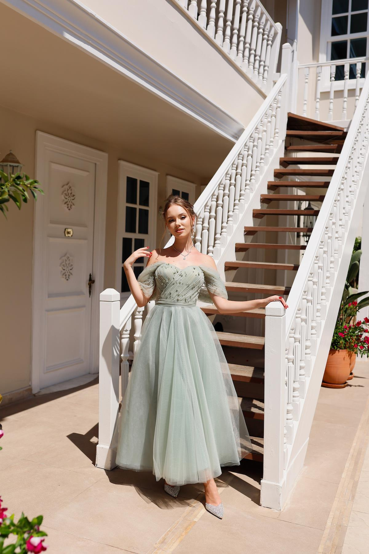 TheElsa | GİYİM | TAKI | Clara Mint Yeşil Özel Tasarım Abiye Tül ElbiseÖZEL ÜRETİM ELBİSEClara Mint Green Special Design Evening Dress Tulle Dress