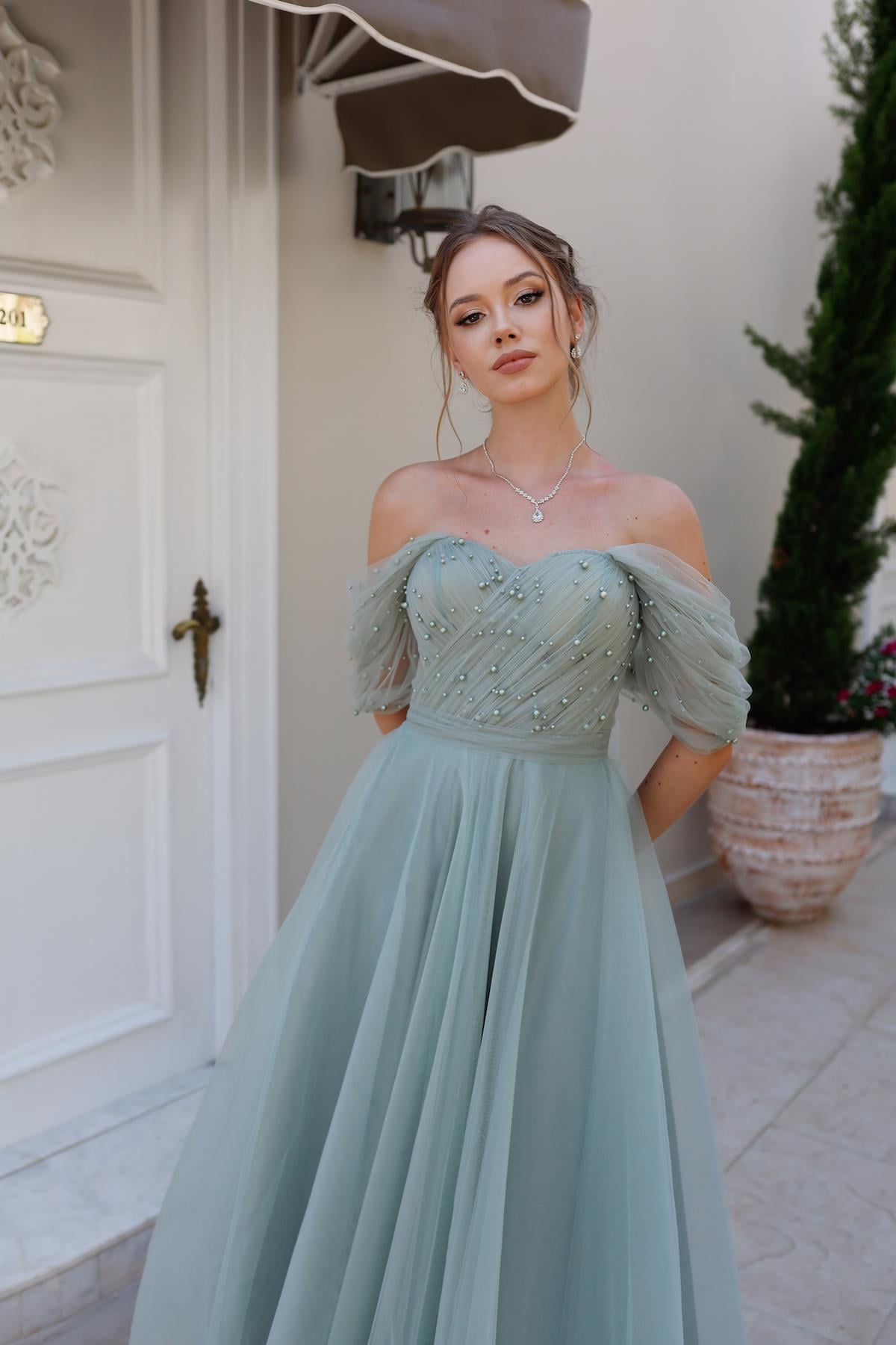 TheElsa | GİYİM | TAKI | Clara Mint Yeşil Özel Tasarım Abiye Tül ElbiseÖZEL ÜRETİM ELBİSEClara Mint Green Special Design Evening Dress Tulle Dress