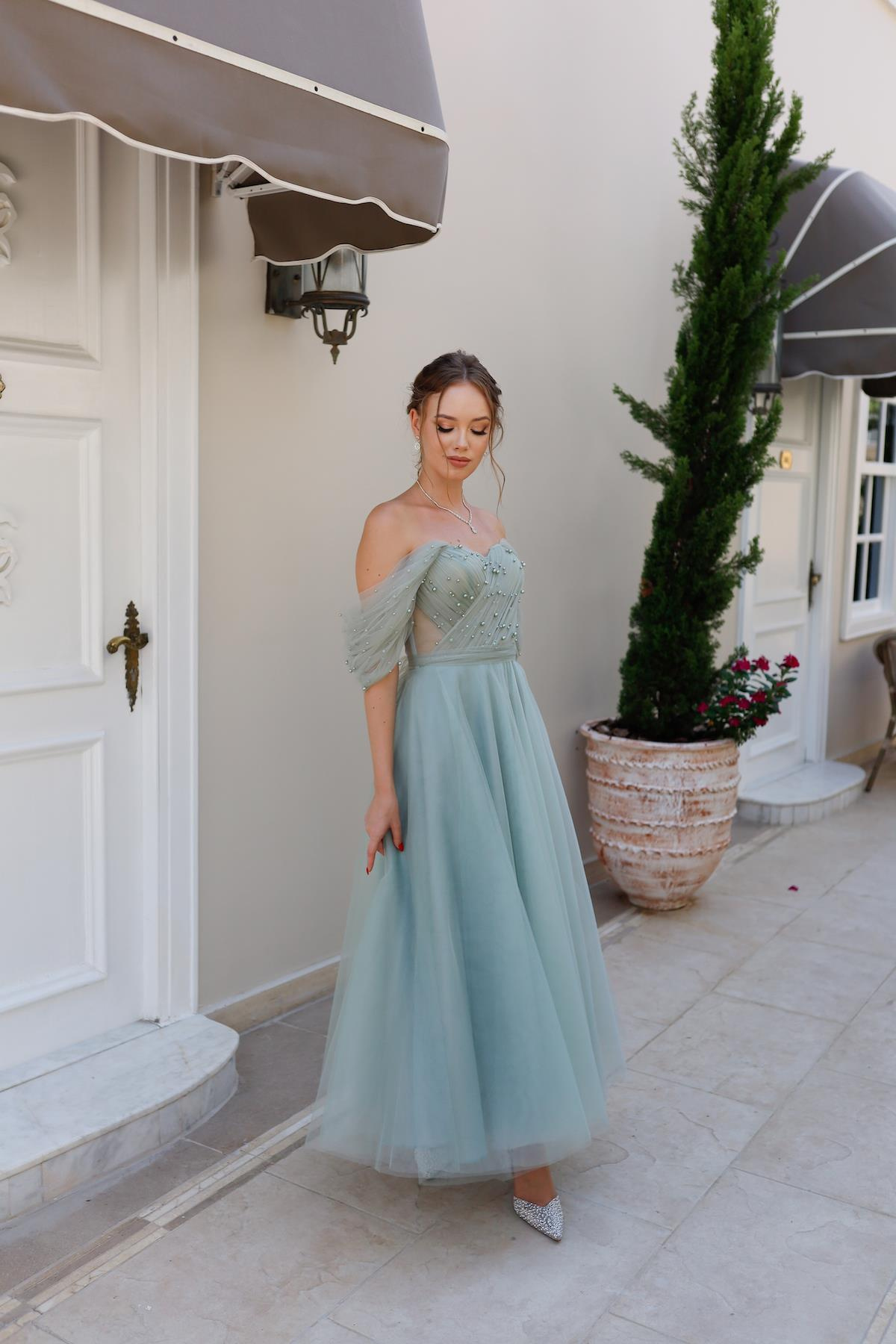 TheElsa | GİYİM | TAKI | Clara Mint Yeşil Özel Tasarım Abiye Tül ElbiseÖZEL ÜRETİM ELBİSEClara Mint Green Special Design Evening Dress Tulle Dress