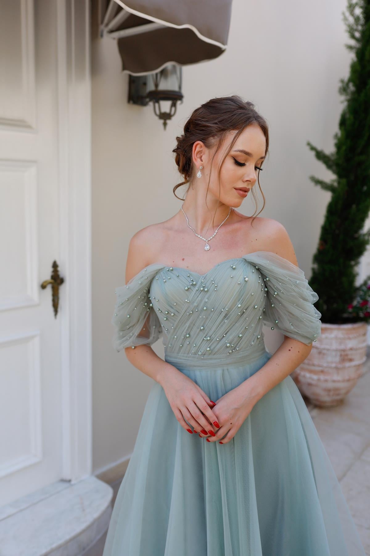 TheElsa | GİYİM | TAKI | Clara Mint Yeşil Özel Tasarım Abiye Tül ElbiseÖZEL ÜRETİM ELBİSEClara Mint Green Special Design Evening Dress Tulle Dress
