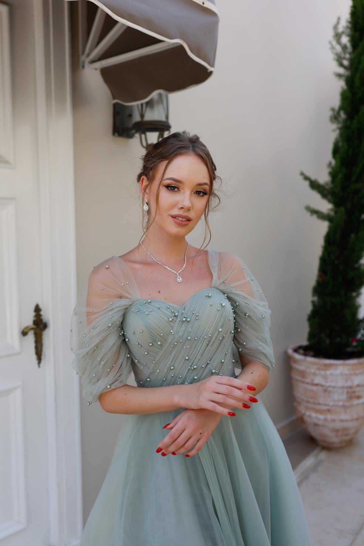TheElsa | GİYİM | TAKI | Clara Mint Yeşil Özel Tasarım Abiye Tül ElbiseÖZEL ÜRETİM ELBİSEClara Mint Green Special Design Evening Dress Tulle Dress