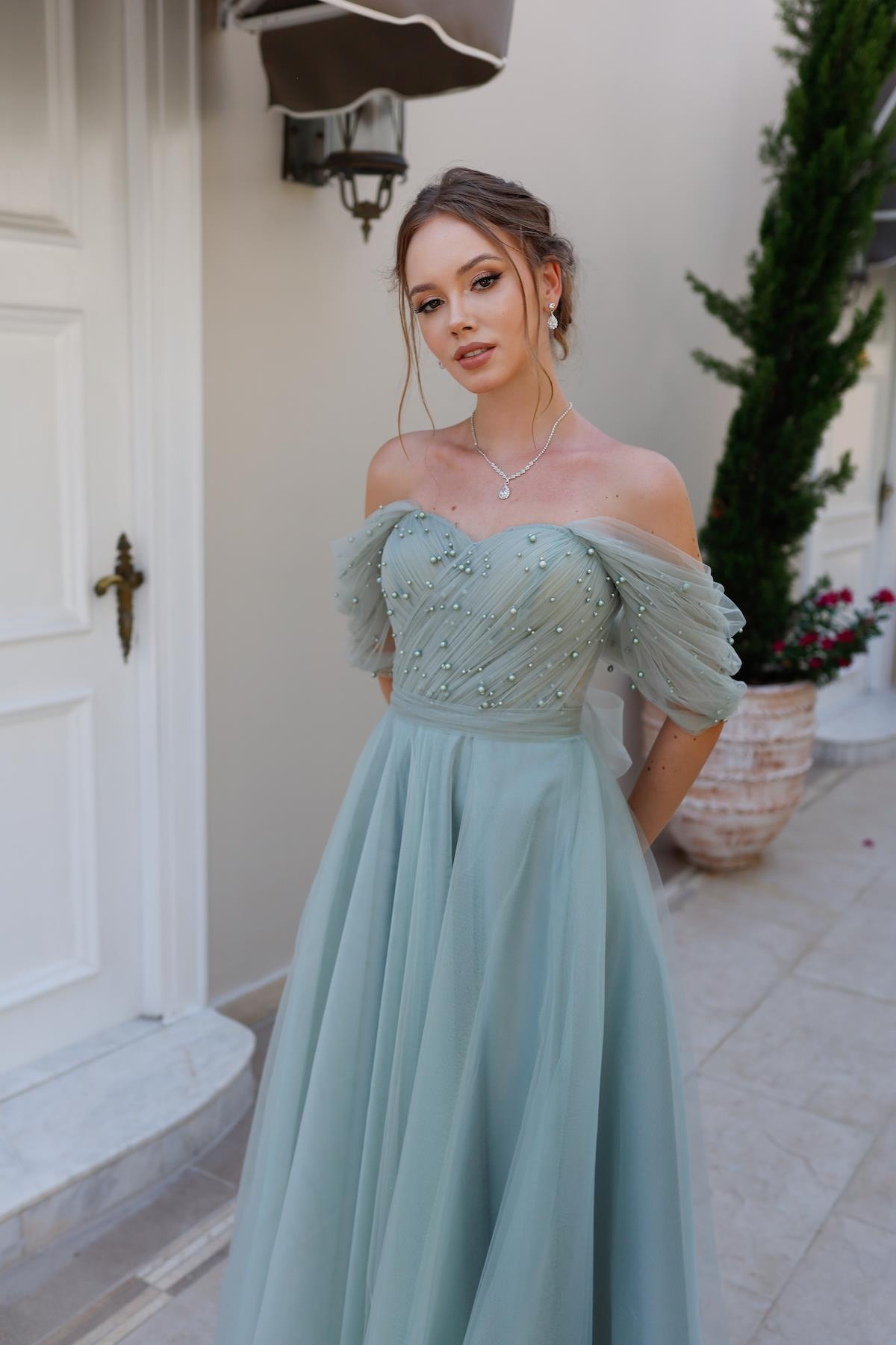 TheElsa | GİYİM | TAKI | Clara Mint Yeşil Özel Tasarım Abiye Tül ElbiseÖZEL ÜRETİM ELBİSEClara Mint Green Special Design Evening Dress Tulle Dress