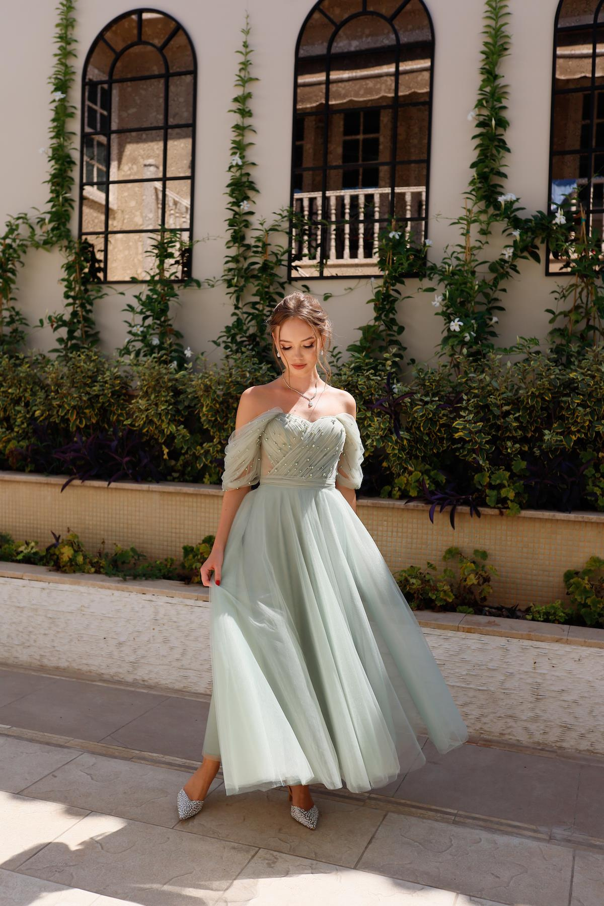 TheElsa | GİYİM | TAKI | Clara Mint Yeşil Özel Tasarım Abiye Tül ElbiseÖZEL ÜRETİM ELBİSEClara Mint Green Special Design Evening Dress Tulle Dress
