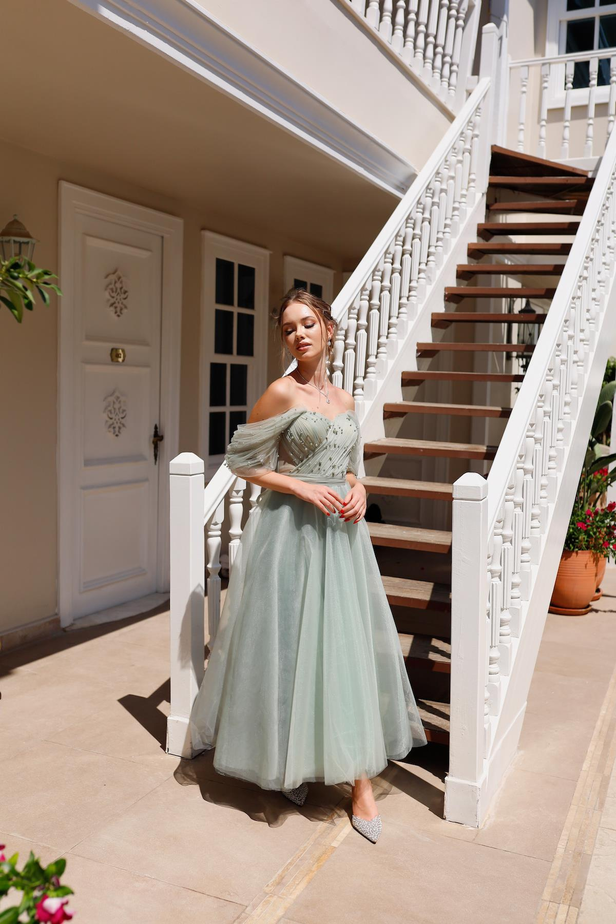 TheElsa | GİYİM | TAKI | Clara Mint Yeşil Özel Tasarım Abiye Tül ElbiseÖZEL ÜRETİM ELBİSEClara Mint Green Special Design Evening Dress Tulle Dress