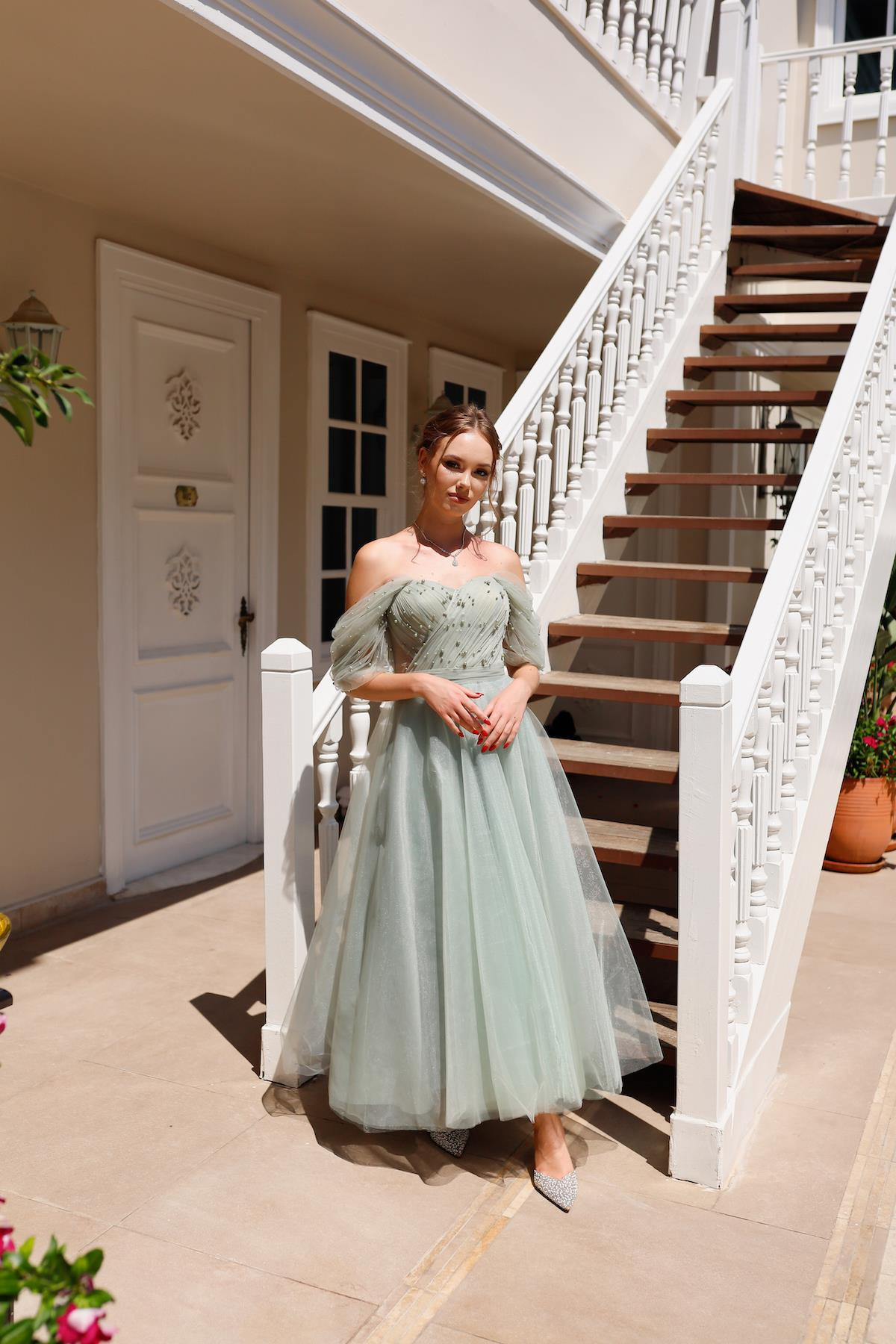 TheElsa | GİYİM | TAKI | Clara Mint Yeşil Özel Tasarım Abiye Tül ElbiseÖZEL ÜRETİM ELBİSEClara Mint Green Special Design Evening Dress Tulle Dress